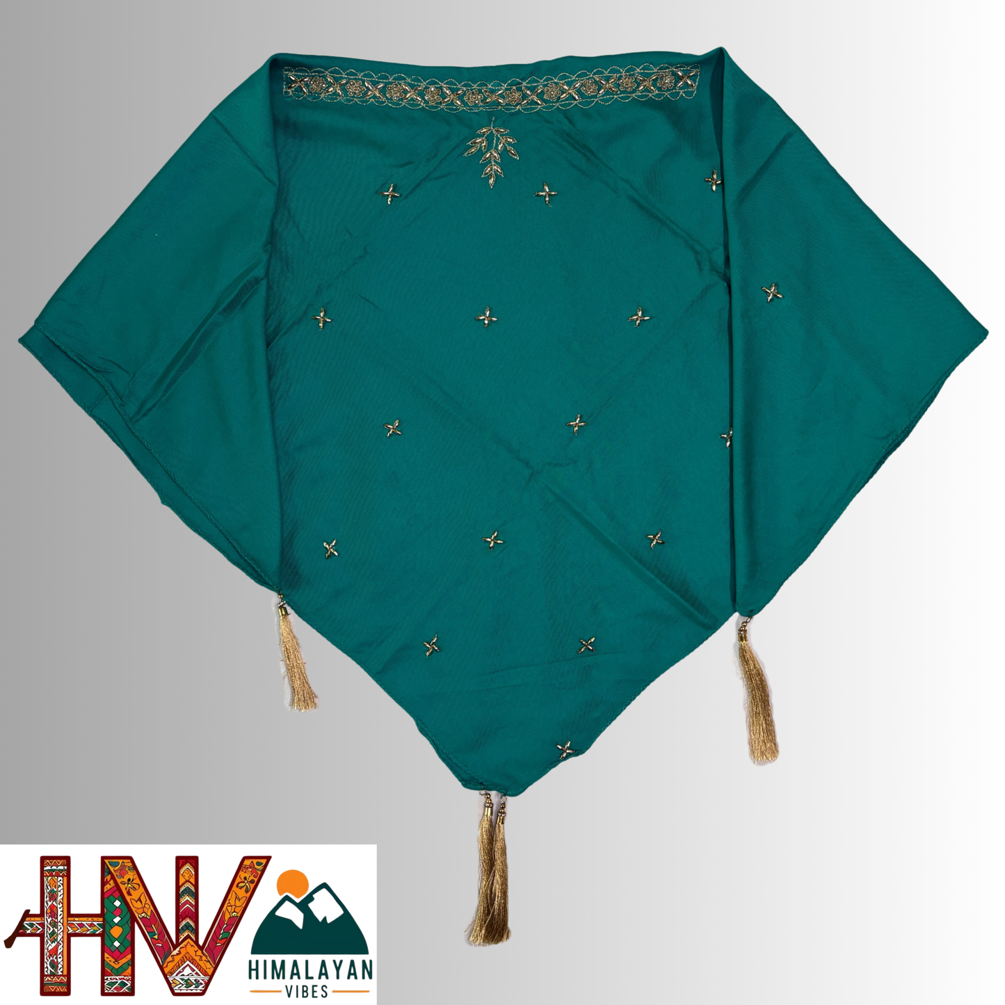 Handcrafted Himachali Teal Dhatu with Gold Embroidery – A Unique Embroidered Head Scarf