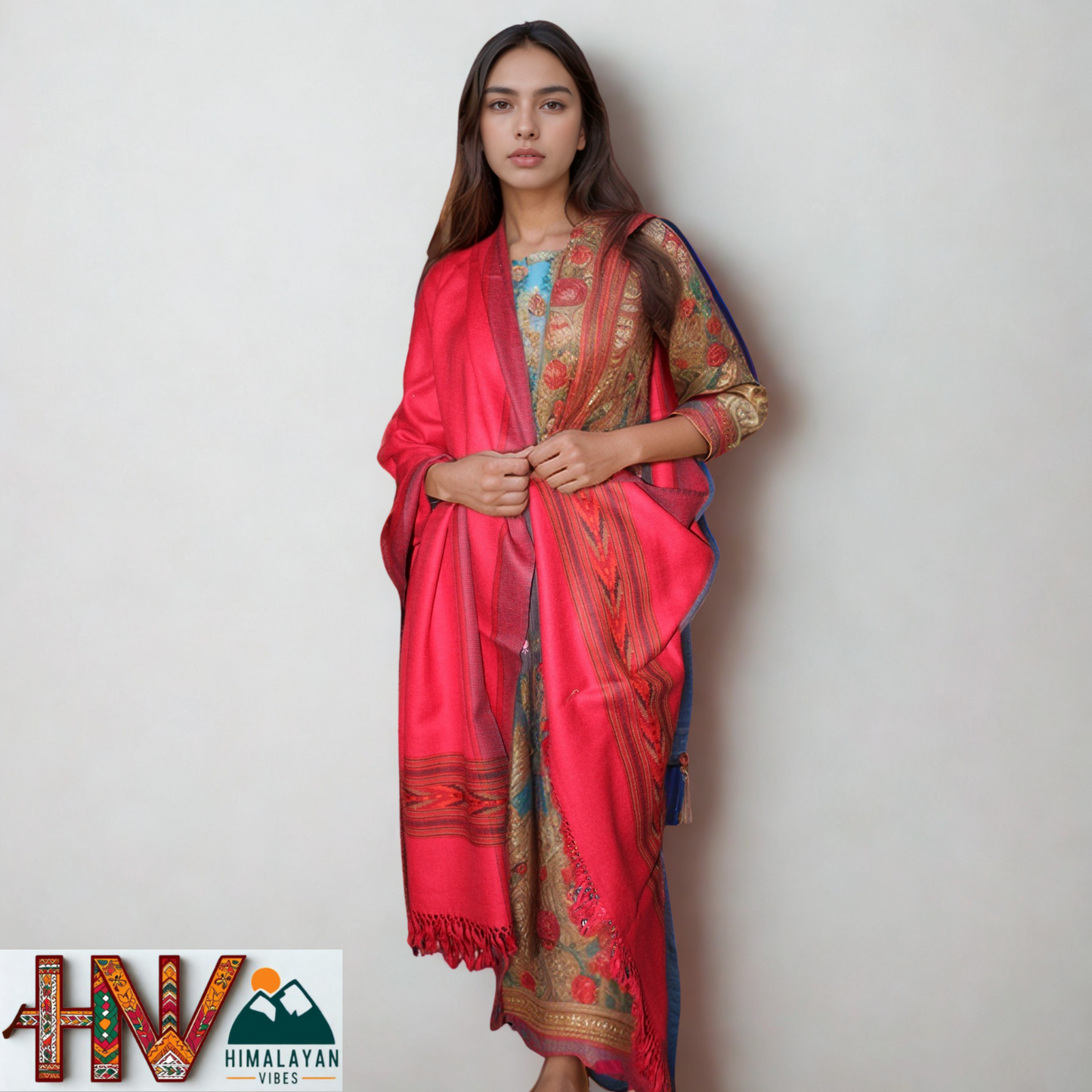 Handwoven Red Kullu Shawl With blue & Red Border– 100% Pure Sheep Wool with Traditional Himalayan Craftsmanship
