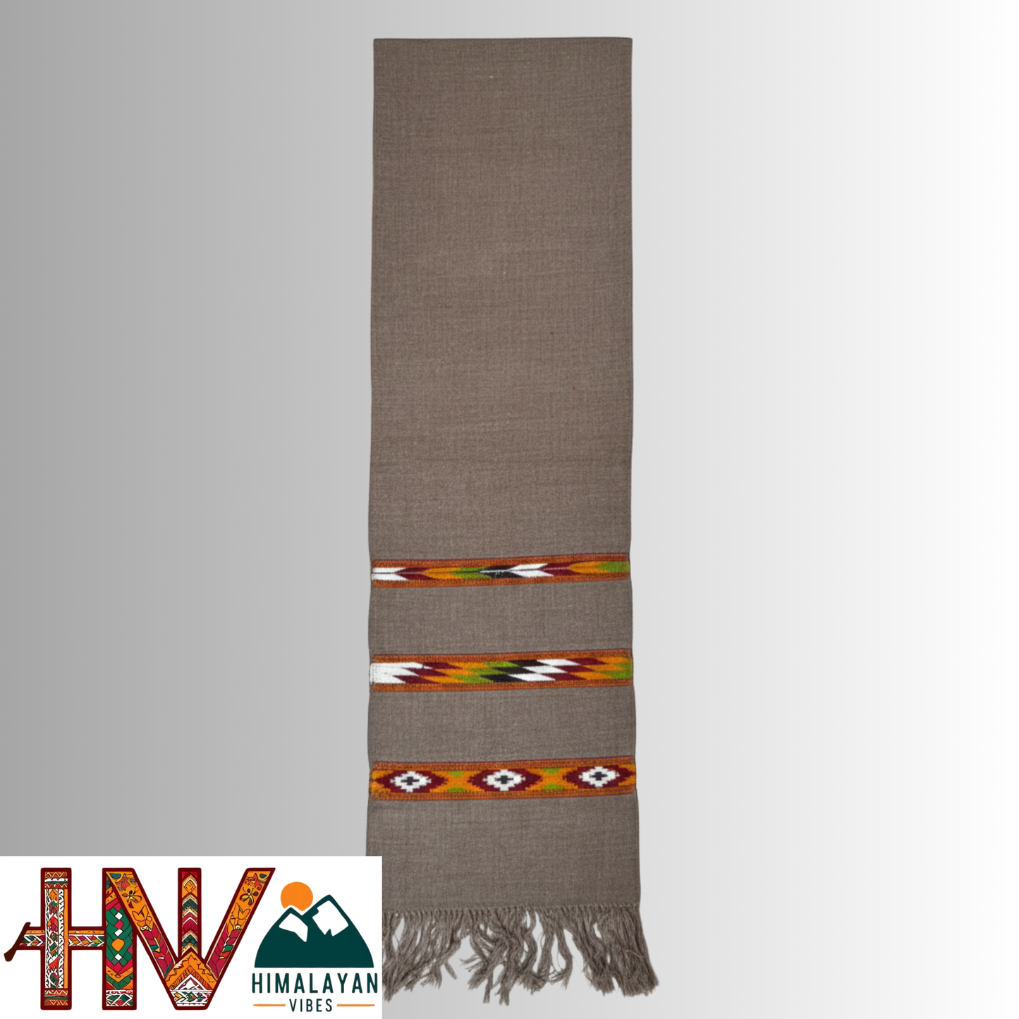 Handwoven Grey Woolen Muffler | Triple Kullu Patti Traditional Geometric Design By Himalayan Vibes