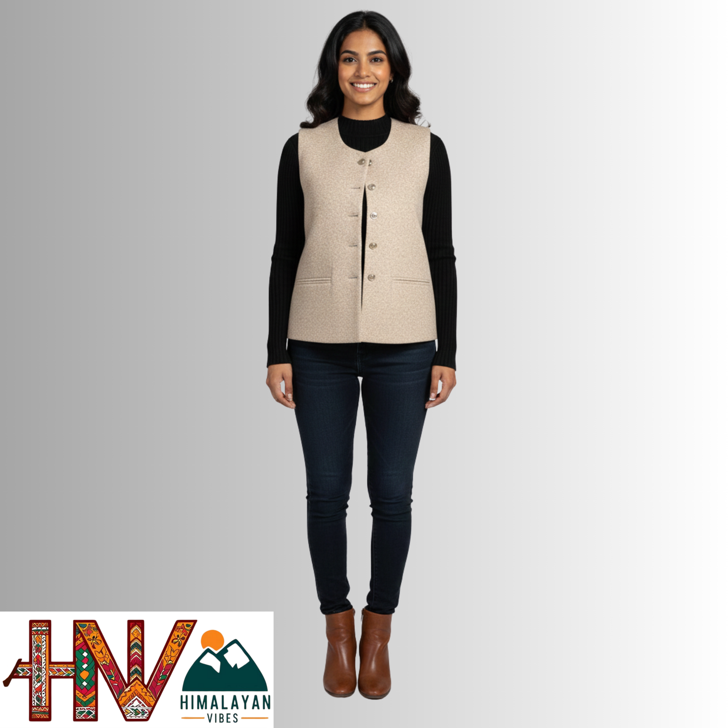 Himachali Plain Cream Sadri  for Women - Martin Fabric Ethnic Half Jacket with Pockets