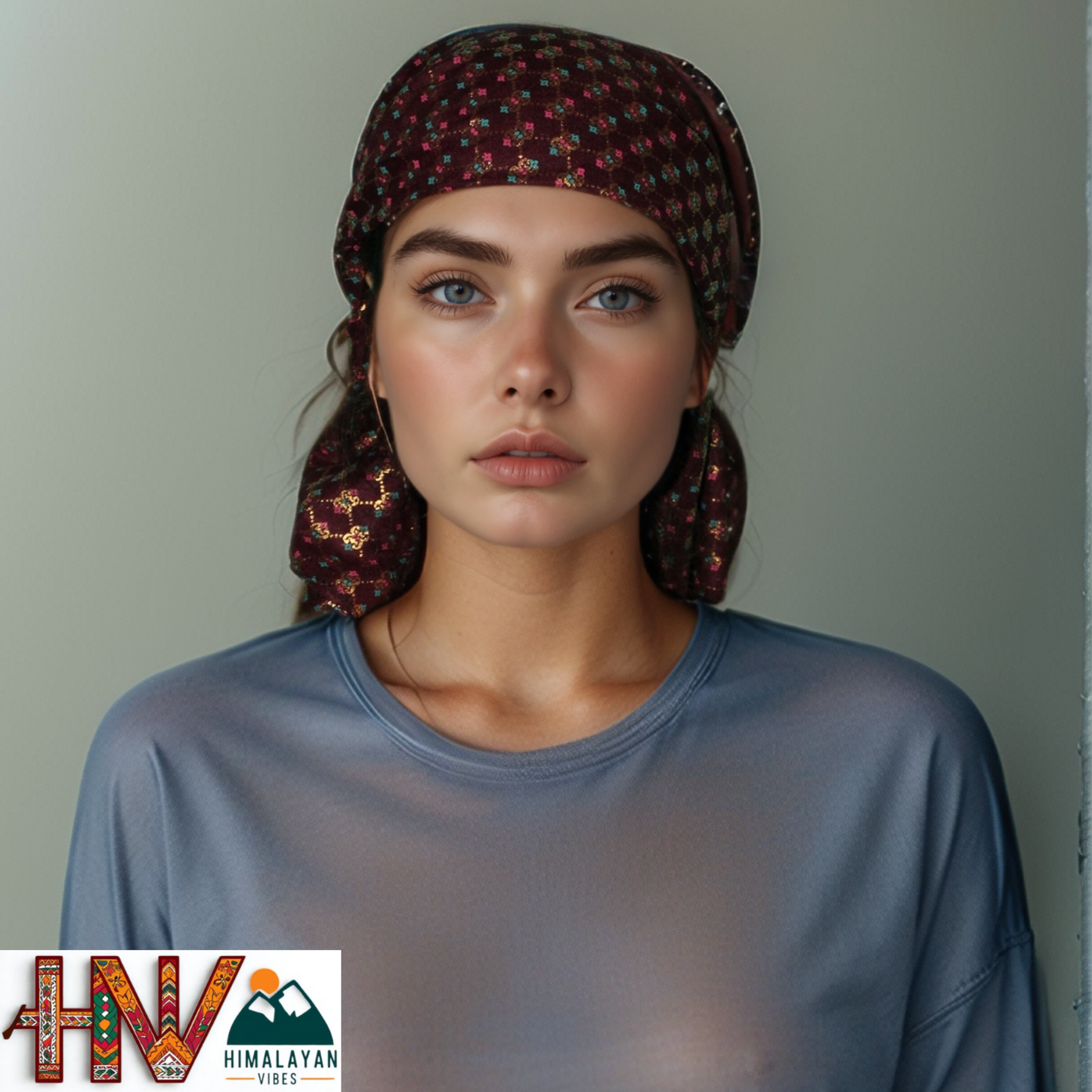 Alpine Maroon color Printed Himachali Dhatu - Handcrafted Traditional Head Scarf from Himalayas