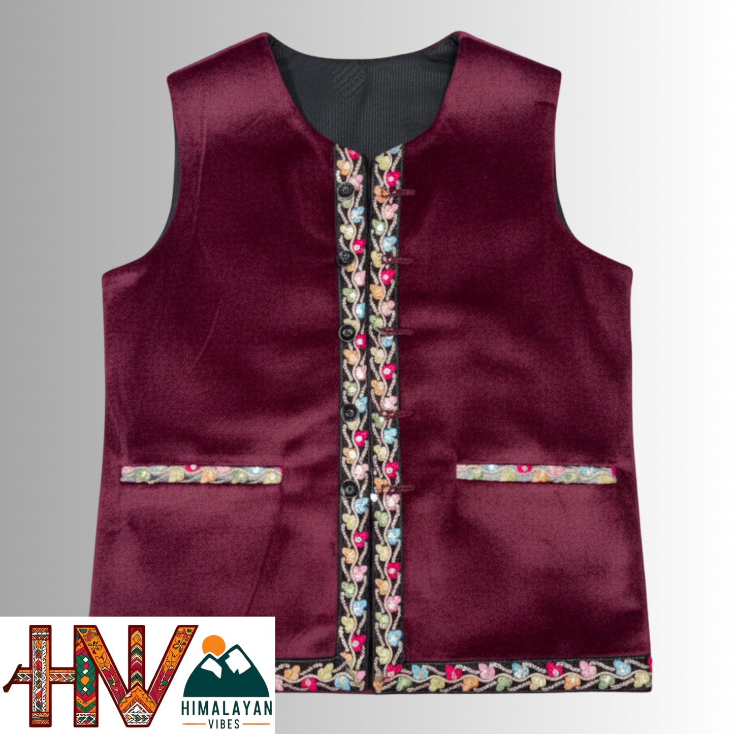 Himachali Maroon Sadri with embroidered Lace for Women - Martin Fabric Ethnic Half Jacket with Pockets