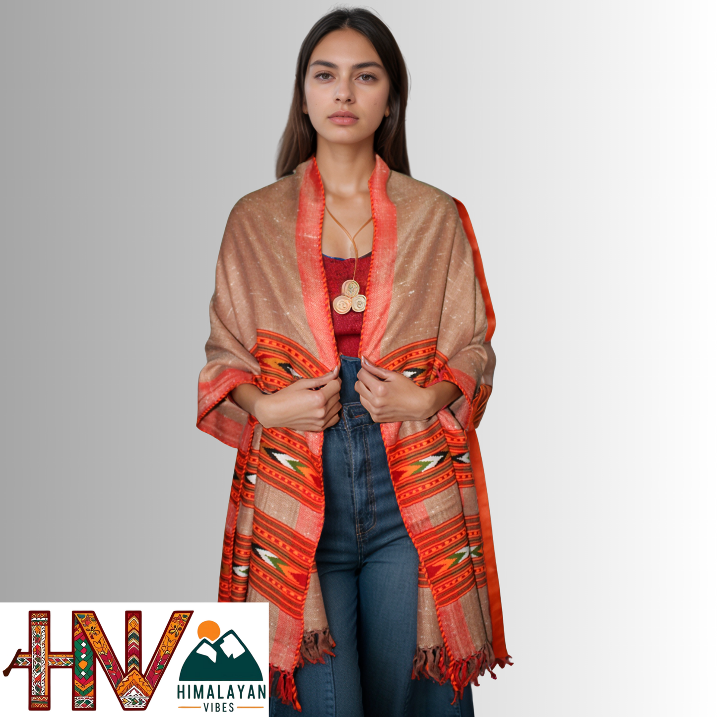Handwoven caremel Kullu Woolen Stole with Traditional Kullu 3 Patti Design in Vibrant Red Border– Handwoven Elegance By Himalayan Vibes