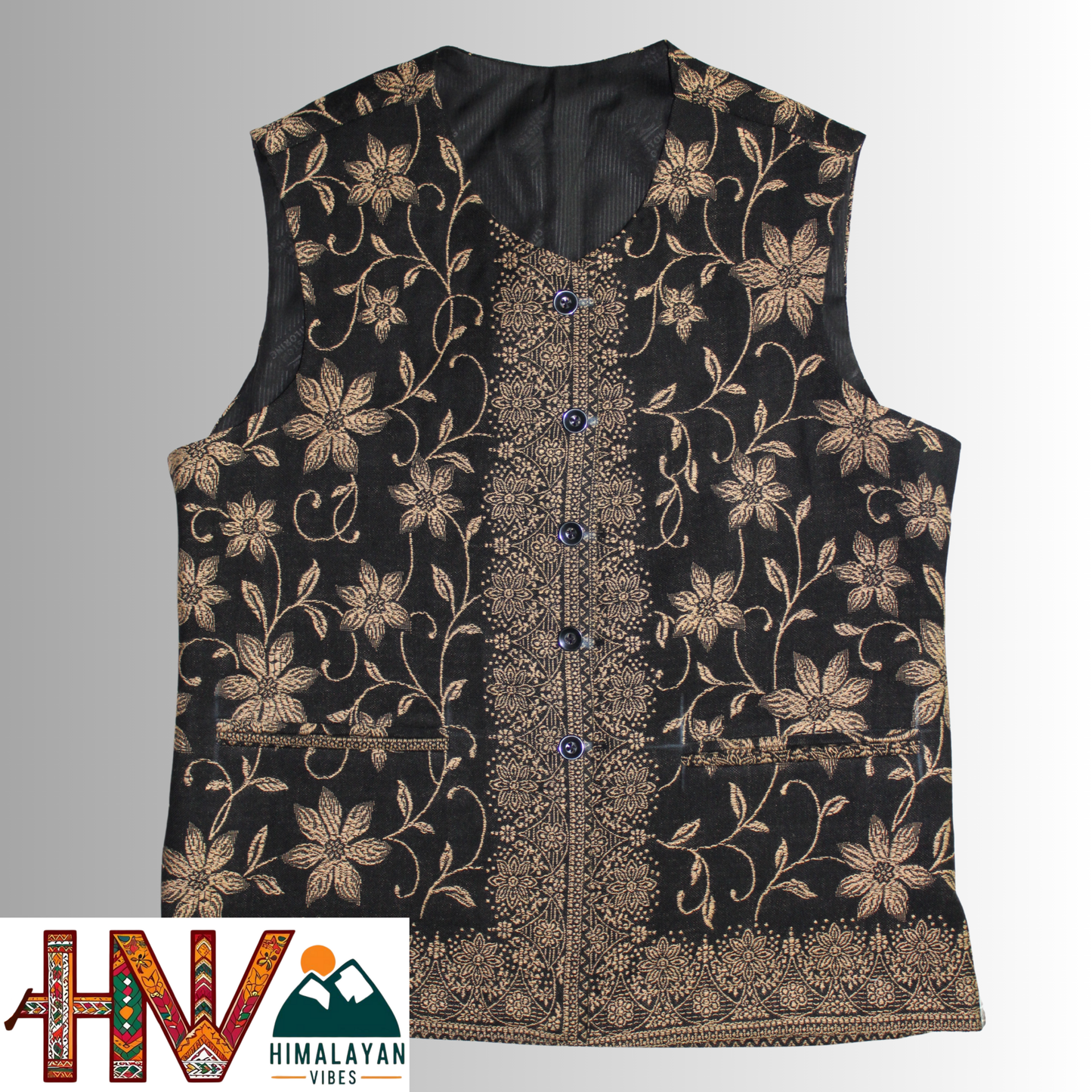 Women Pashmina Blend Black Color Himachali Sadri with Flower pattern – Traditional Waistcoat by Himalayan Vibes