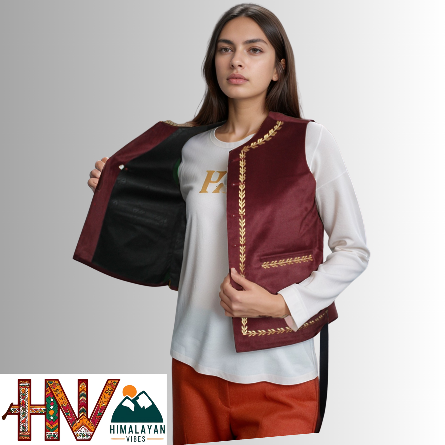 Handcrafted-Simple Embroidered Maroon Himachali Sadri (Jacket) for Women - Martin Fabric Ethnic Half Jacket with Pockets