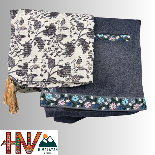 Himalayan Vibes Blue Sadri & White Color Dhatu with Grey print Combo