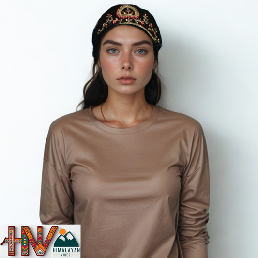 Handcrafted Himachali Black Rayon Dhatu with Red and Gold Embroidery – A Unique Embroidered Head Scarf