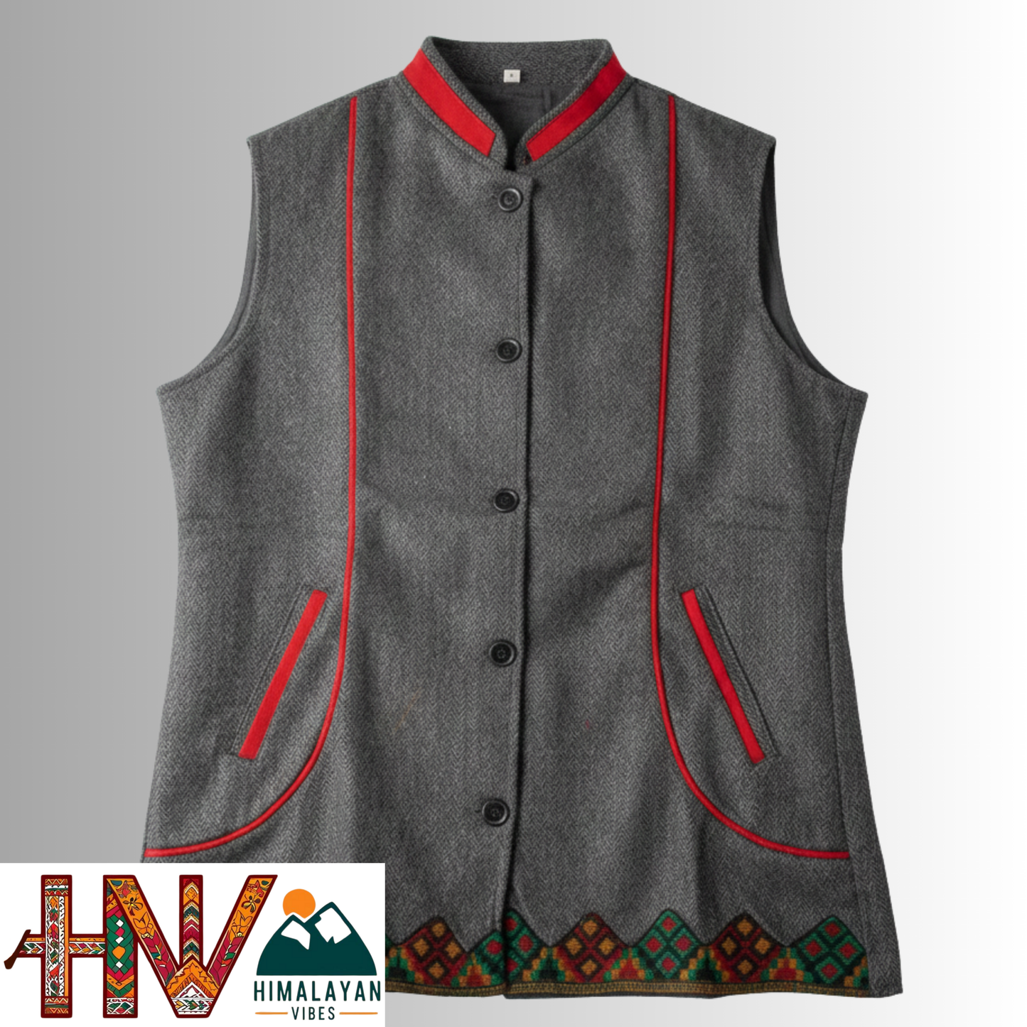 Himalayan Vibes Charcoal Grey Sleeveless Woolen Vest - Nehru Collar & Kullu Trim