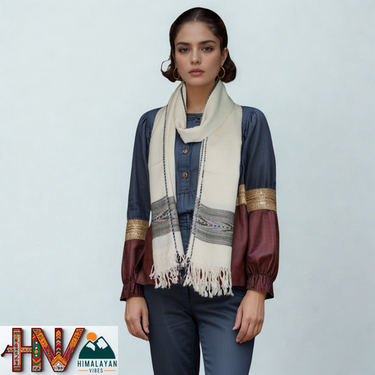 Handwoven Himalayan White Wool Stole – Green & Blue Striped with Geometric Motif Border