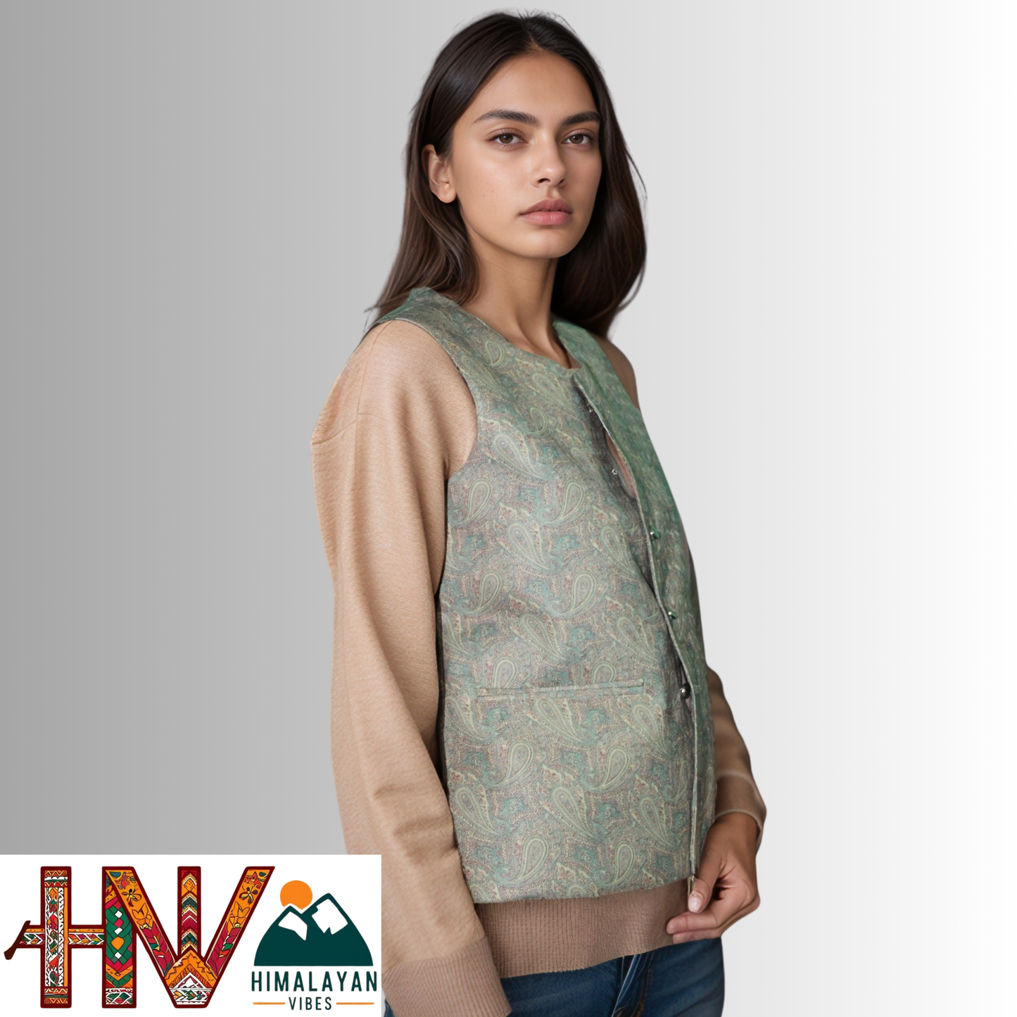 Women Pashmina sage green Himachali Sadri – Colorful Traditional Waistcoat by Himalayan Vibes