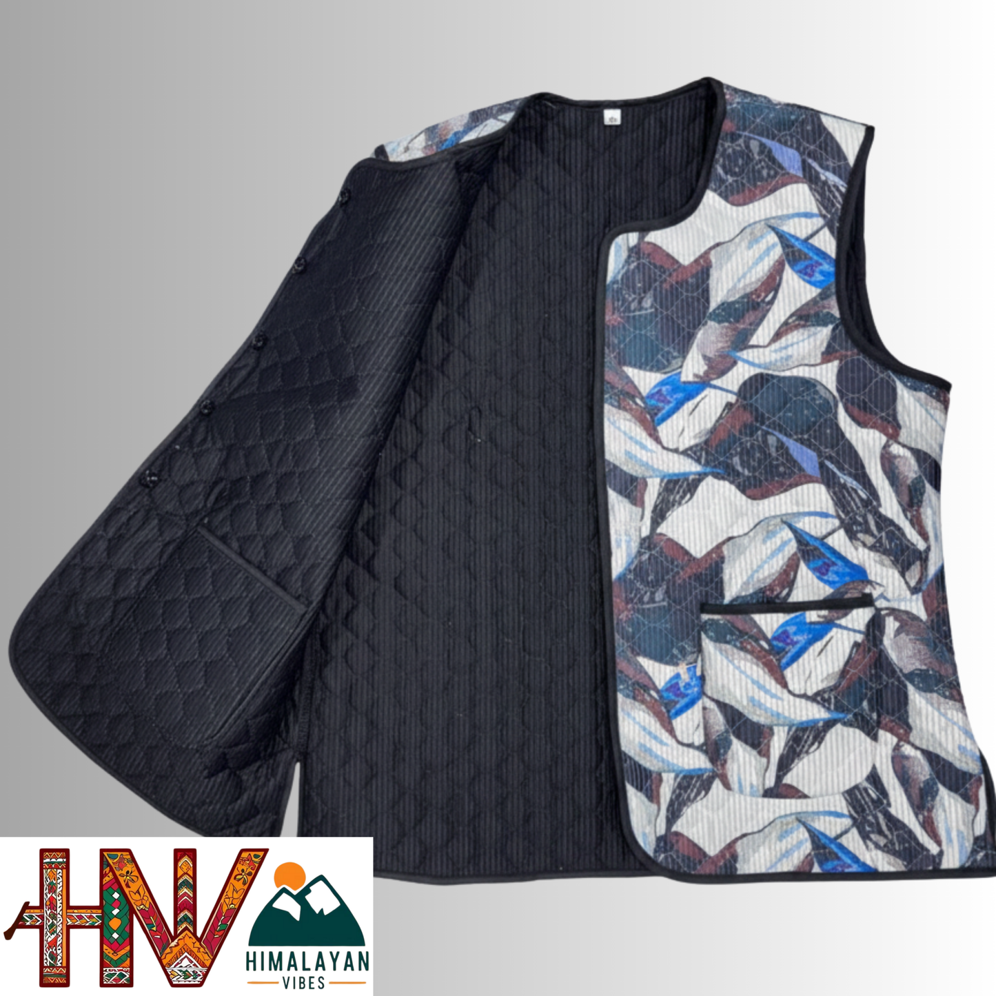 Reversible Black & Blue Abstract Print Sadri for Women – Dual Look Ethnic Waistcoat | Floral & Solid Textured Design by Himalayan Vibes