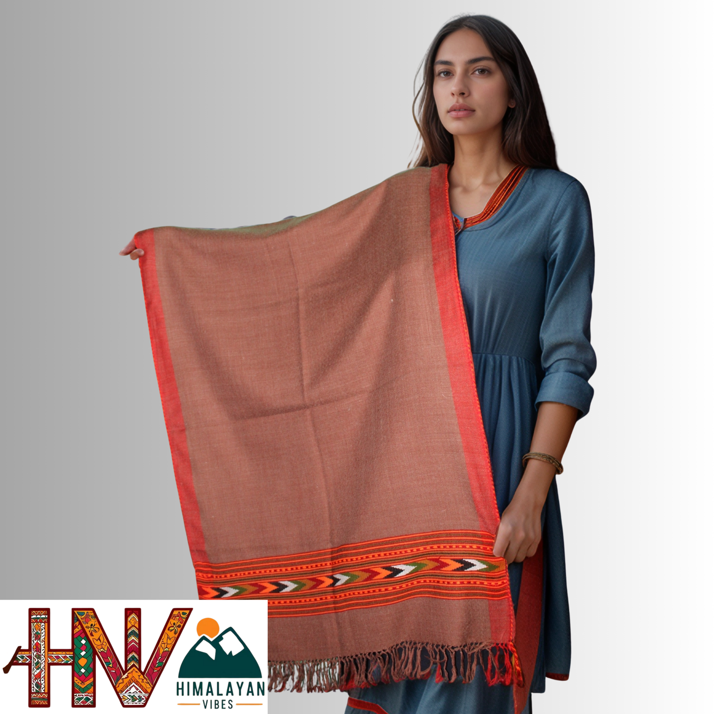Handwoven Brown Kullu Woolen Stole With Traditional Kullu Patti Design and Red Border– Handwoven Elegance By Himalayan Vibes
