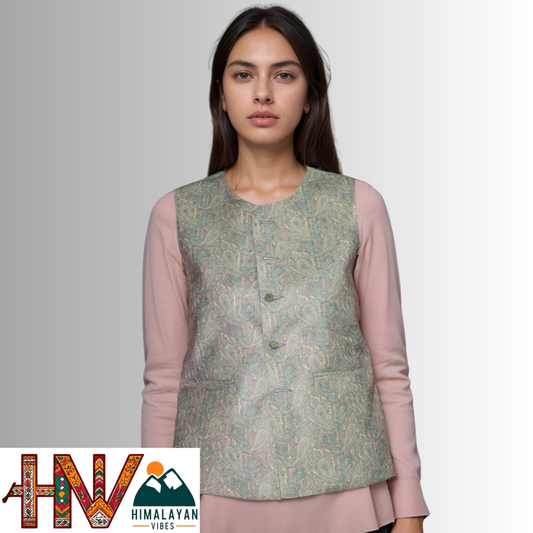 Women Pashmina sage green Himachali Sadri – Colorful Traditional Waistcoat by Himalayan Vibes