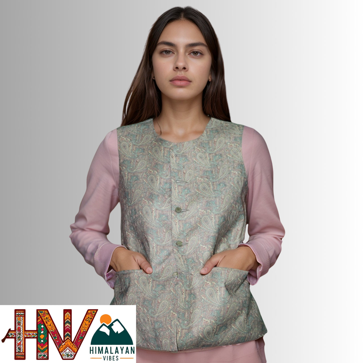 Women Pashmina sage green Himachali Sadri – Colorful Traditional Waistcoat by Himalayan Vibes