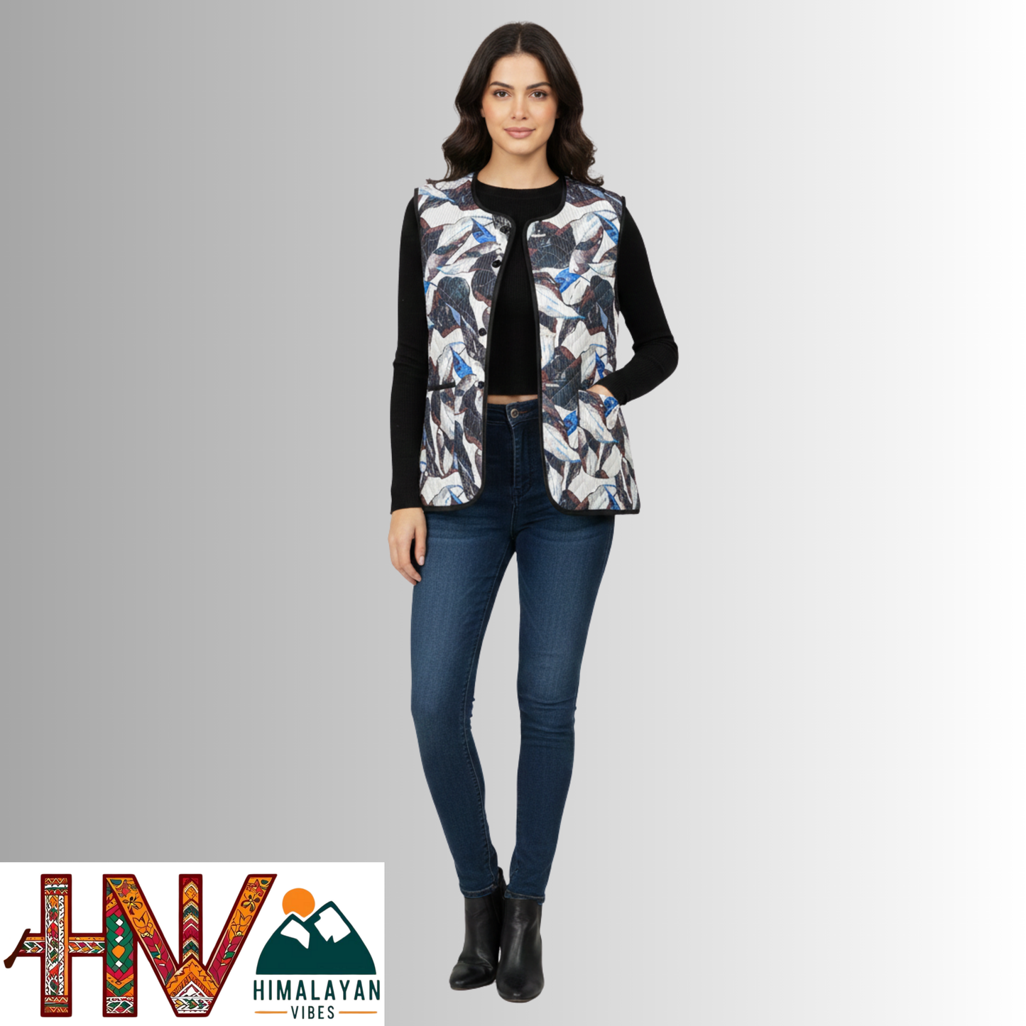Reversible Black & Blue Abstract Print Sadri for Women – Dual Look Ethnic Waistcoat | Floral & Solid Textured Design by Himalayan Vibes