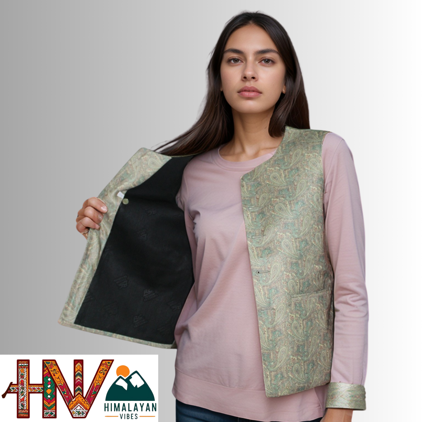 Women Pashmina sage green Himachali Sadri – Colorful Traditional Waistcoat by Himalayan Vibes