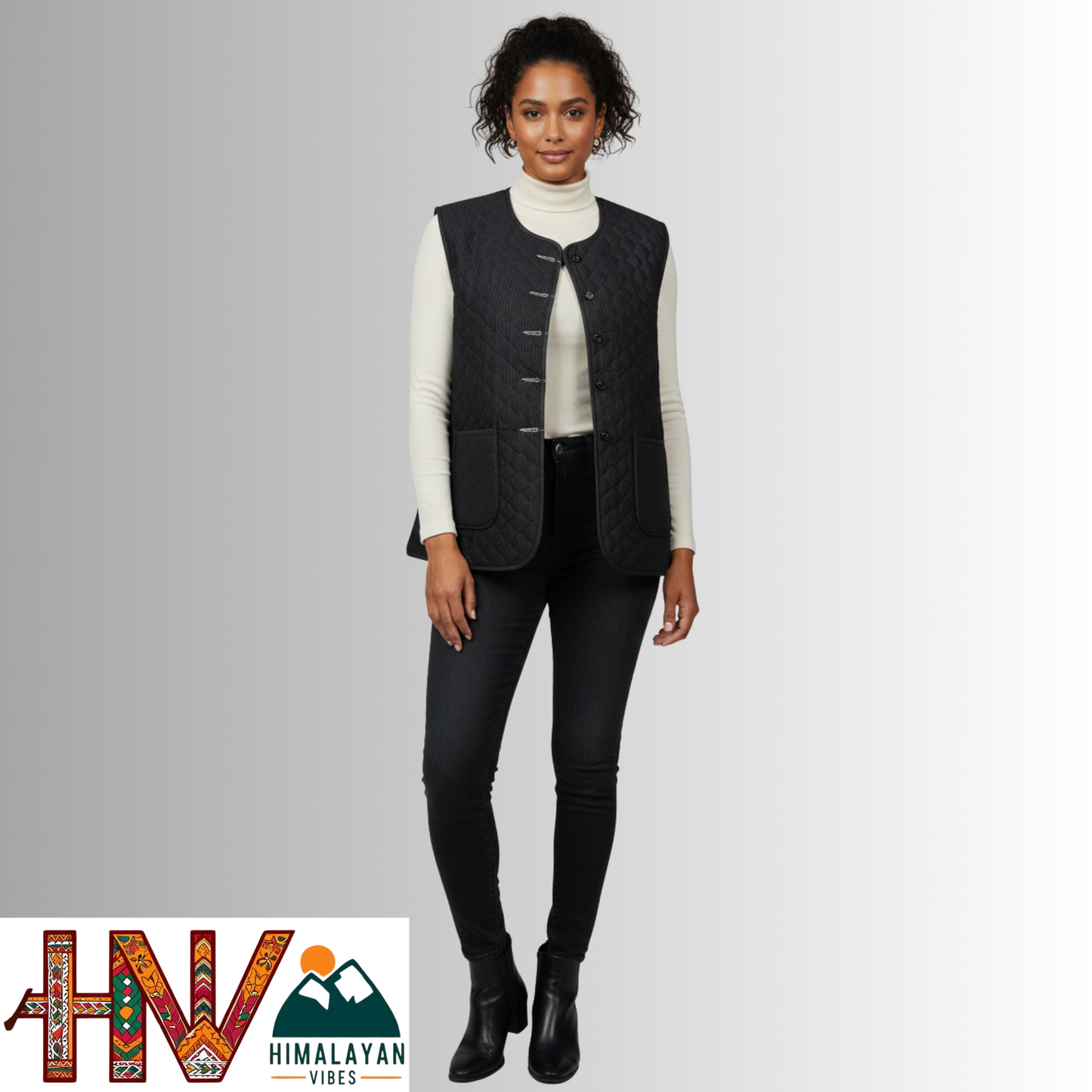 Reversible Black & Blue Abstract Print Sadri for Women – Dual Look Ethnic Waistcoat | Floral & Solid Textured Design by Himalayan Vibes