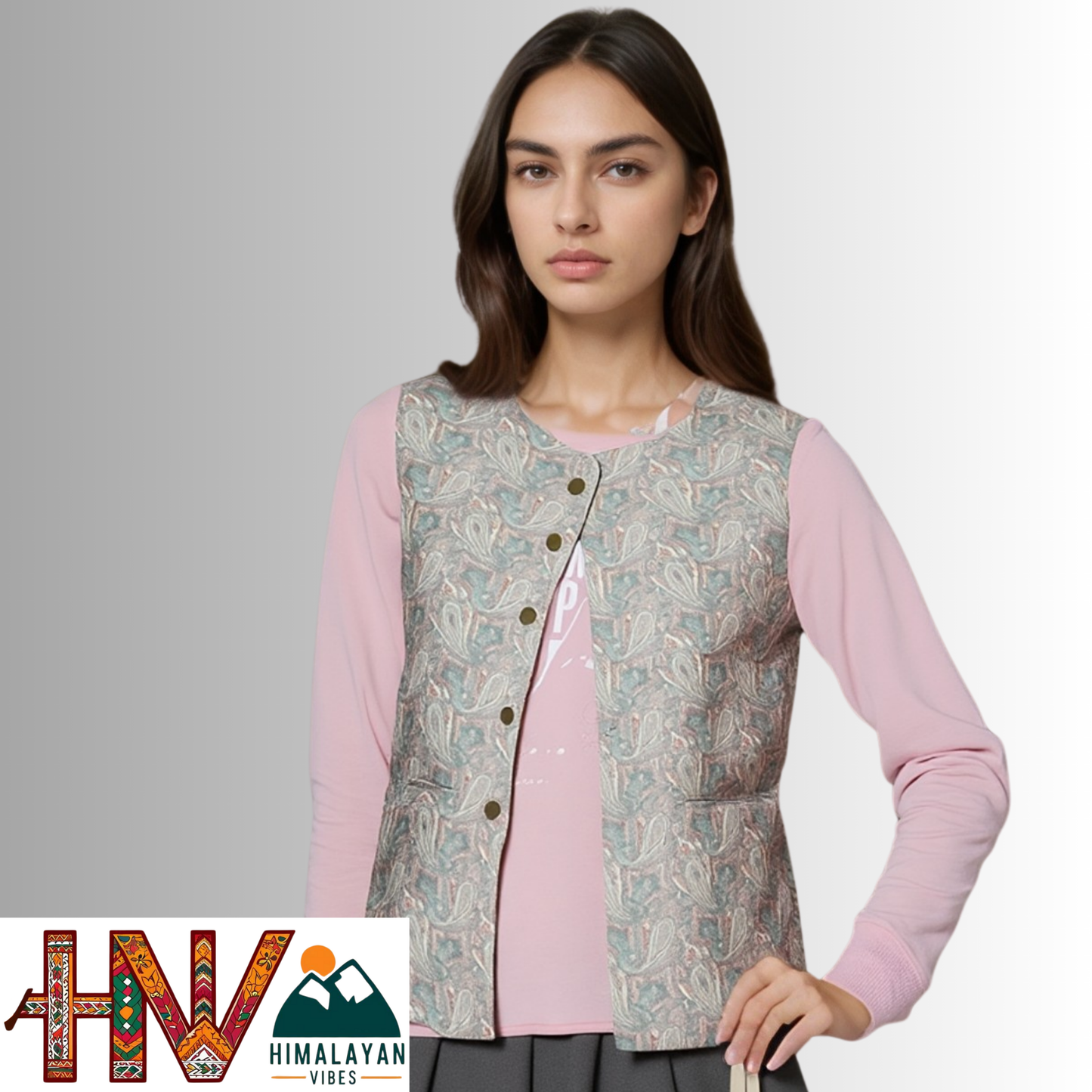 Women Pashmina sage green Himachali Sadri – Colorful Traditional Waistcoat by Himalayan Vibes