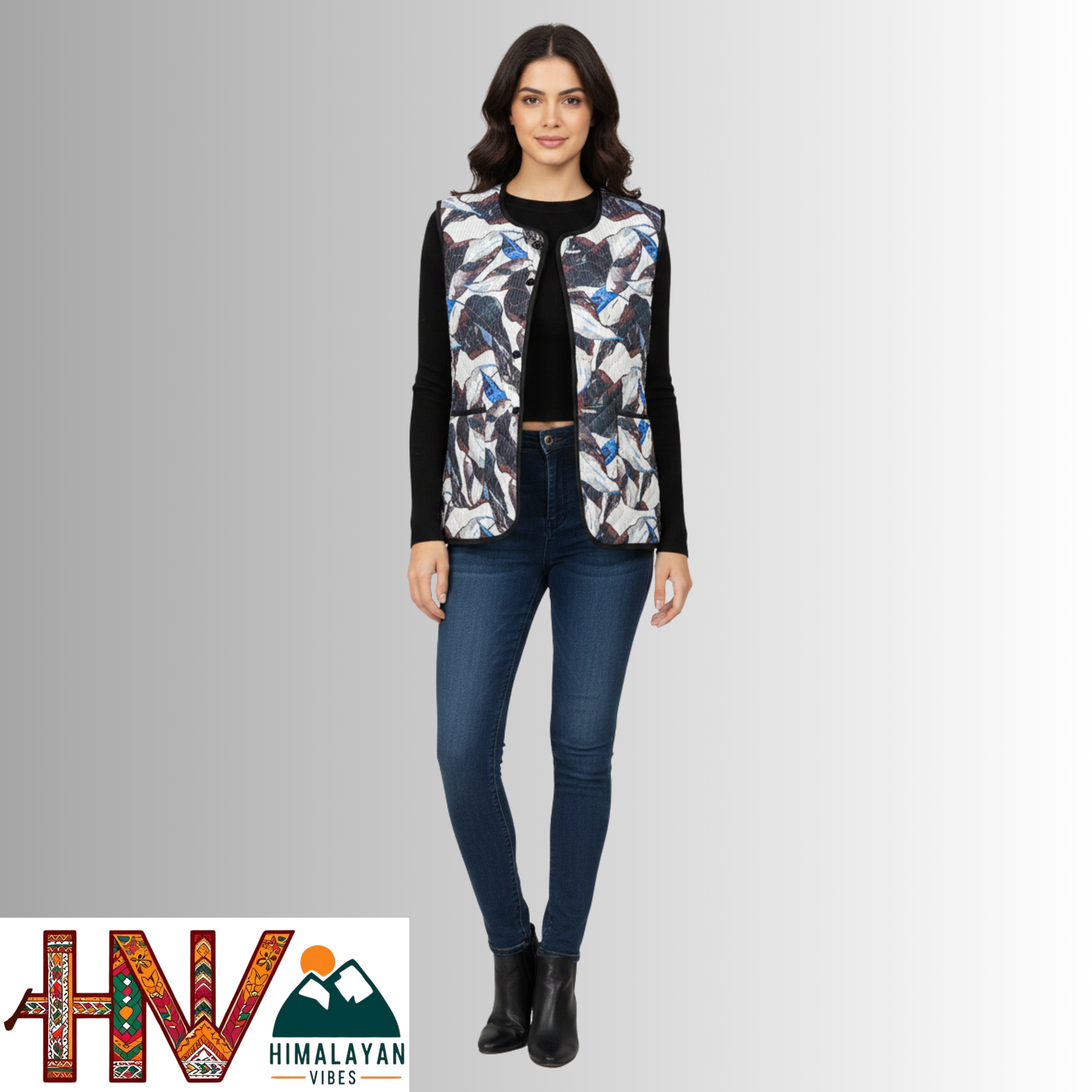 Reversible Black & Blue Abstract Print Sadri for Women – Dual Look Ethnic Waistcoat | Floral & Solid Textured Design by Himalayan Vibes