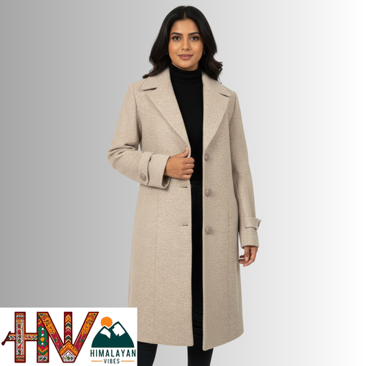 Women’s Long Woolen Coat – Premium Himachali Wool | Elegant Winter Wear By Himalayan Vibes