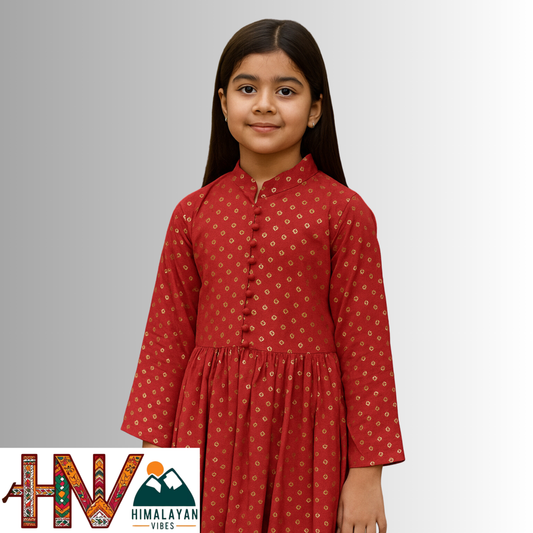 Himalayan Vibes Red Rejta For Kids – Traditional Himachali Dress for Summer & Winter | Handcrafted Elegance