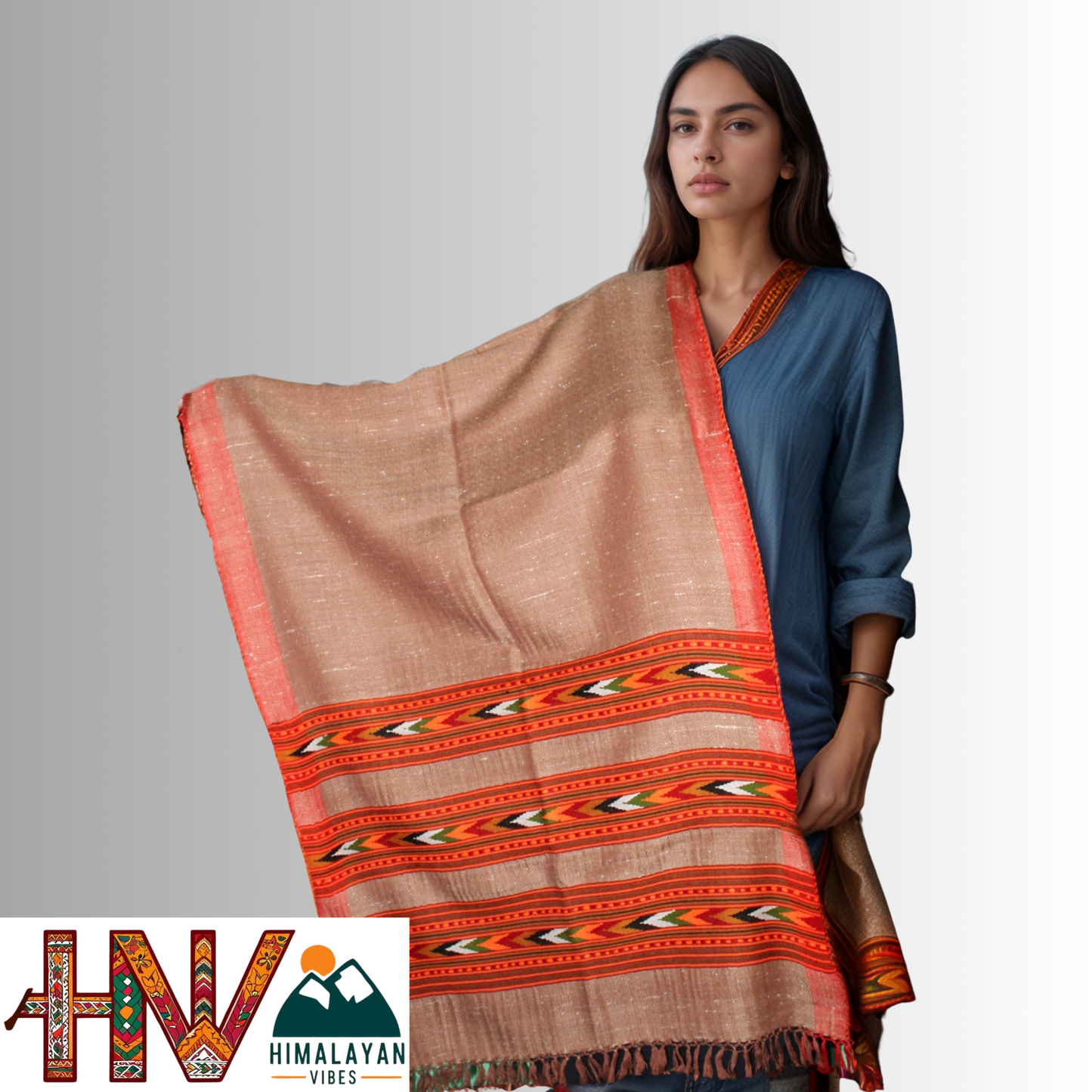 Handwoven caremel Kullu Woolen Stole with Traditional Kullu 3 Patti Design in Vibrant Red Border– Handwoven Elegance By Himalayan Vibes