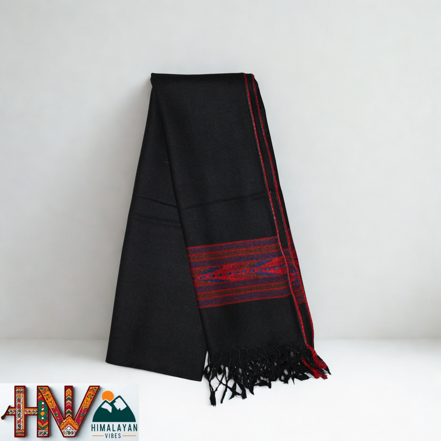 Handwoven Himalayan Black Wool Stole – Red & Blue Striped with Geometric Motif Border