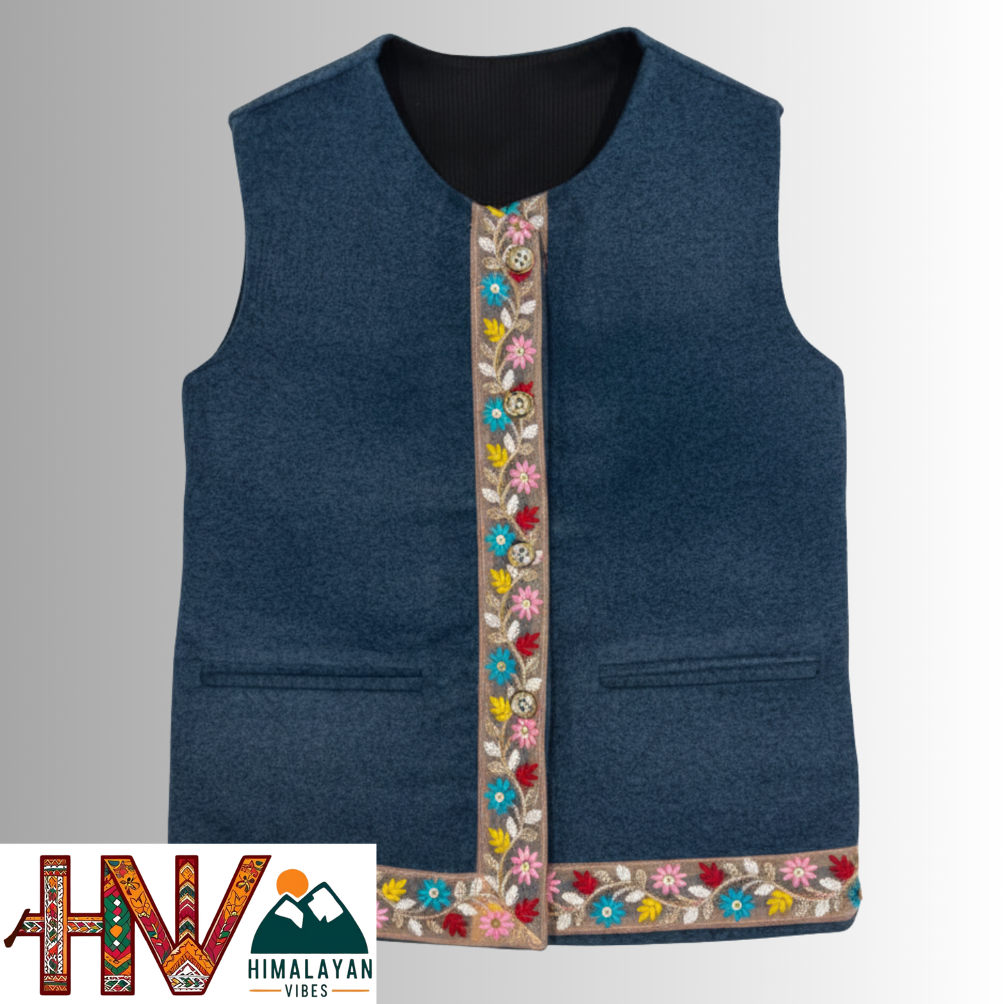 Girls Sleeveless Navy Blue Woolen Sadri Jacket in Martin Fabric – Himachali Handcrafted Ethnic Wear with Colorful Floral Embroidery