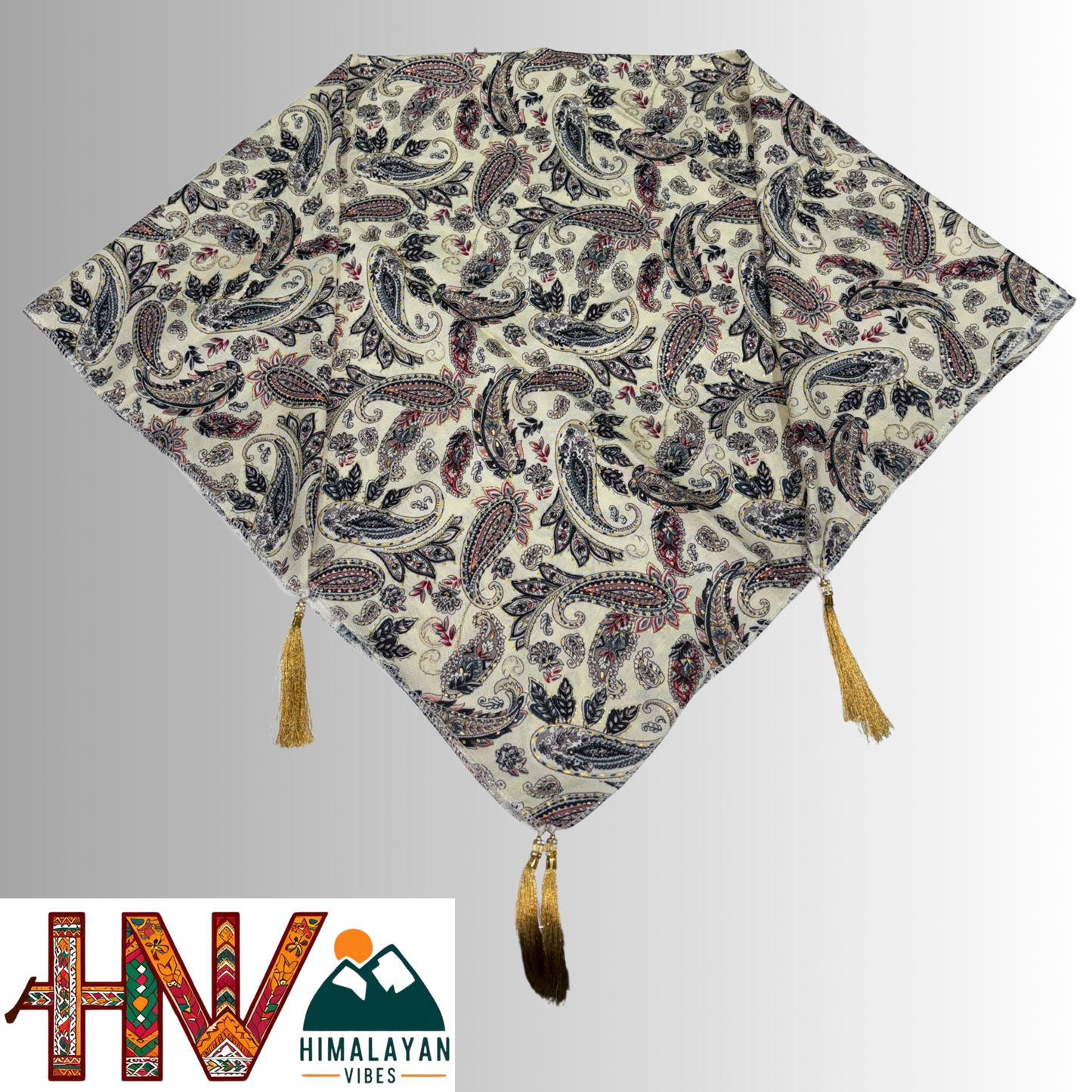 Himalayan Vibes Rayon Cream Color Himachali Dhatu with Blue Print - Handcrafted Traditional Head Scarf from Himalayas
