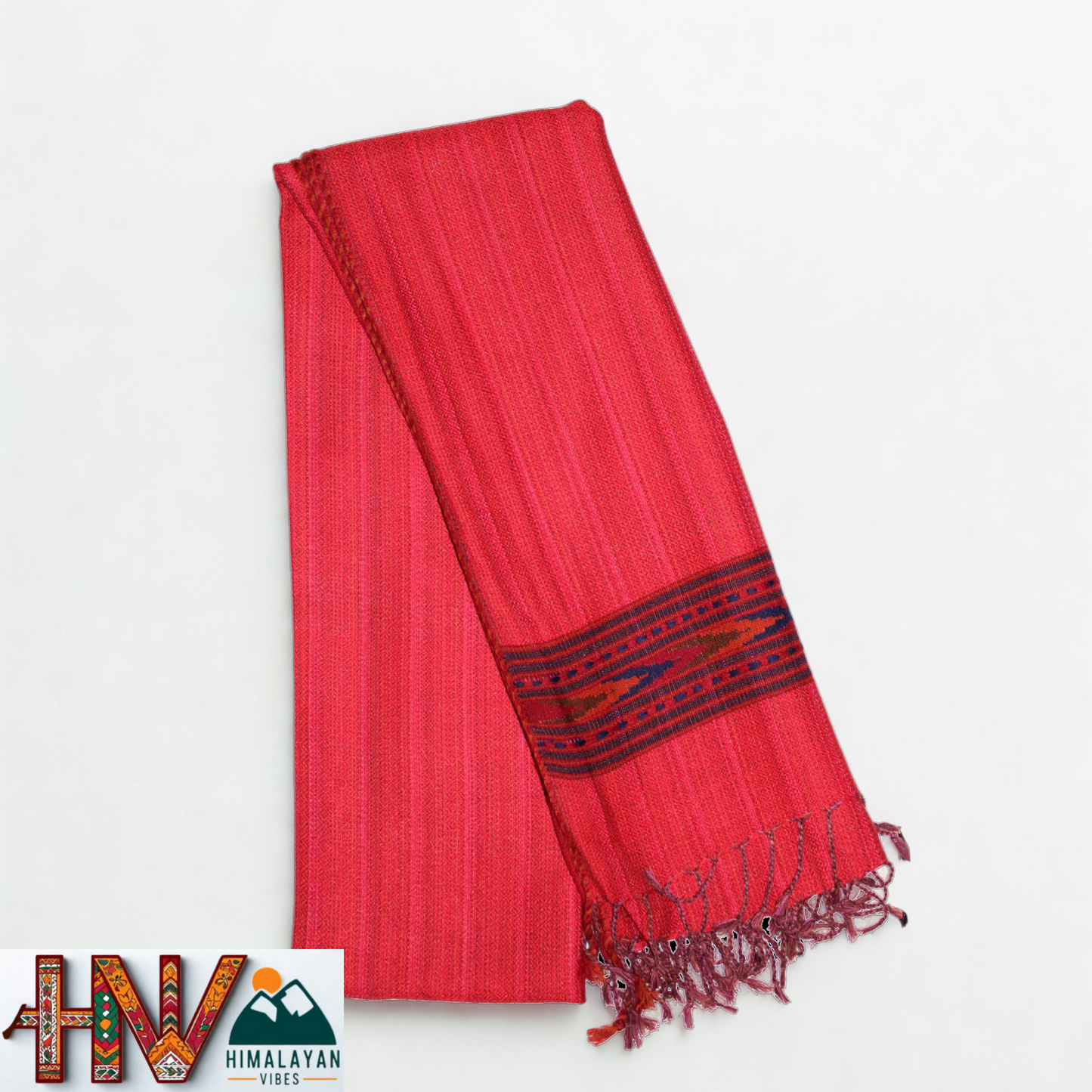 Handwoven Himalayan Red Wool Stole – Red & Blue Striped with Geometric Motif Border