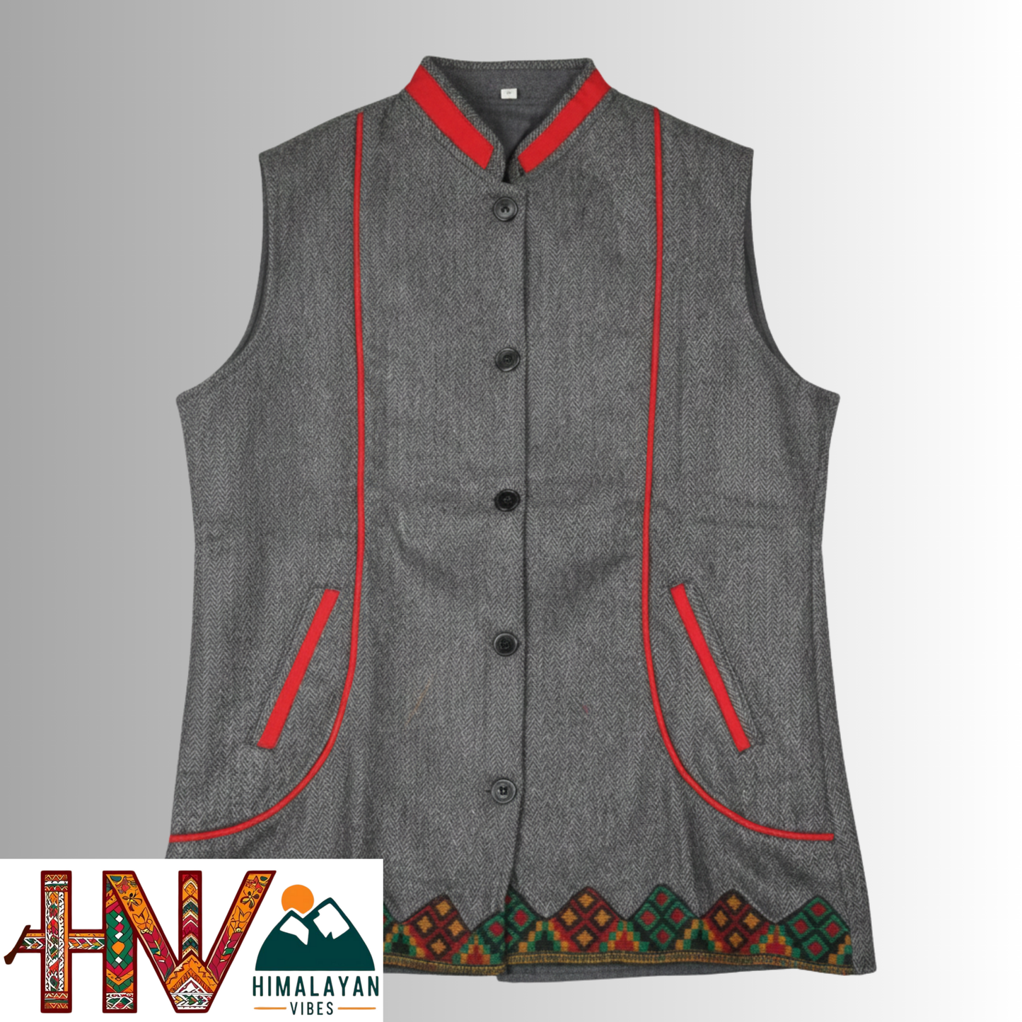 Himalayan Vibes Charcoal Grey Sleeveless Woolen Vest - Nehru Collar & Kullu Trim