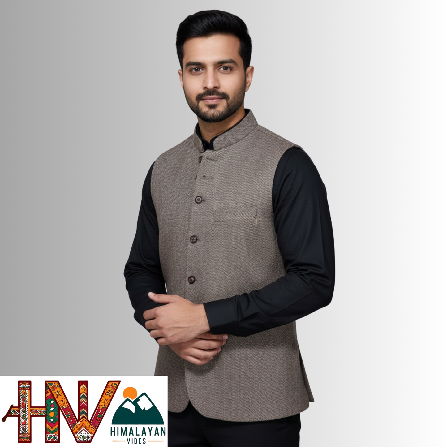 Handcrafted Taupe Brown Woolen Jacket for Men | Traditional Himachali Craft | Stylish Winter & Formal Wear
