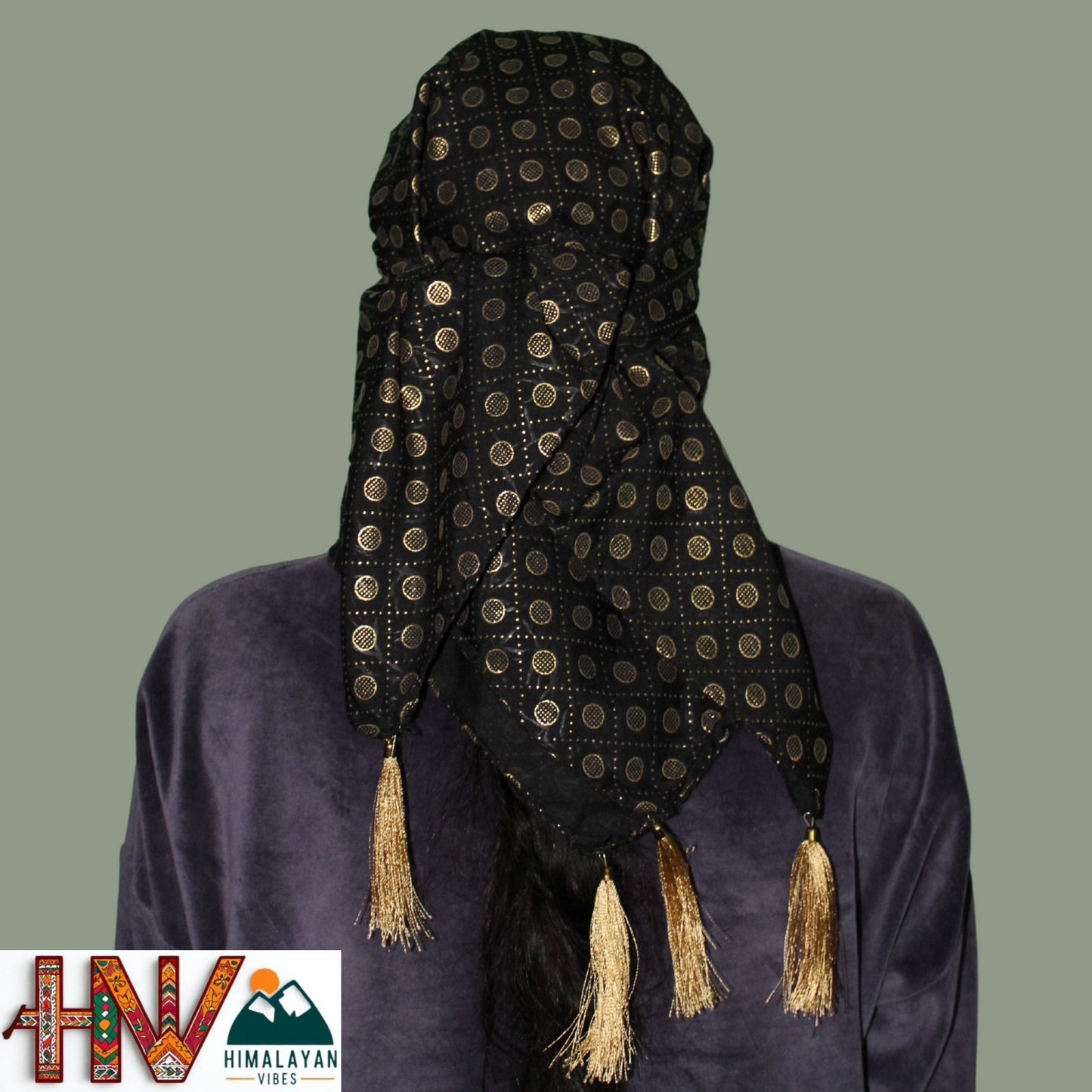 Rubber Print Black Dhatu Scarf - Artisan-Made Himachal Pradesh Head Wrap