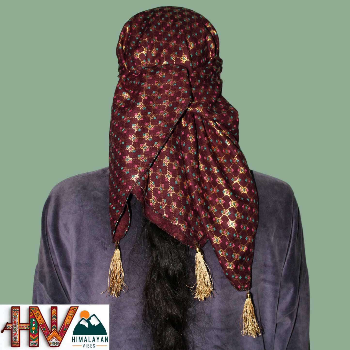 Alpine Maroon color Printed Himachali Dhatu - Handcrafted Traditional Head Scarf from Himalayas