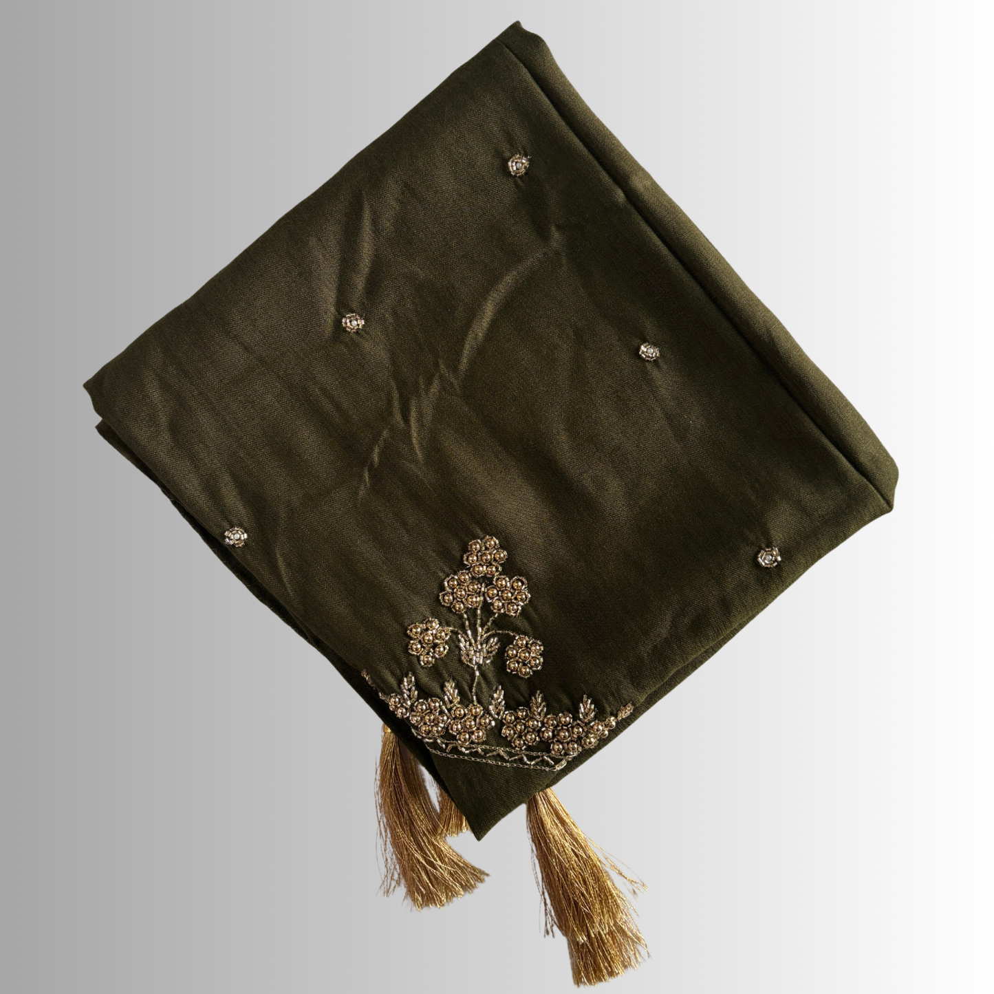 Handcrafted Himachali Olive Green Dhatu with Golden Embroidery – A Unique Embroidered Head Scarf