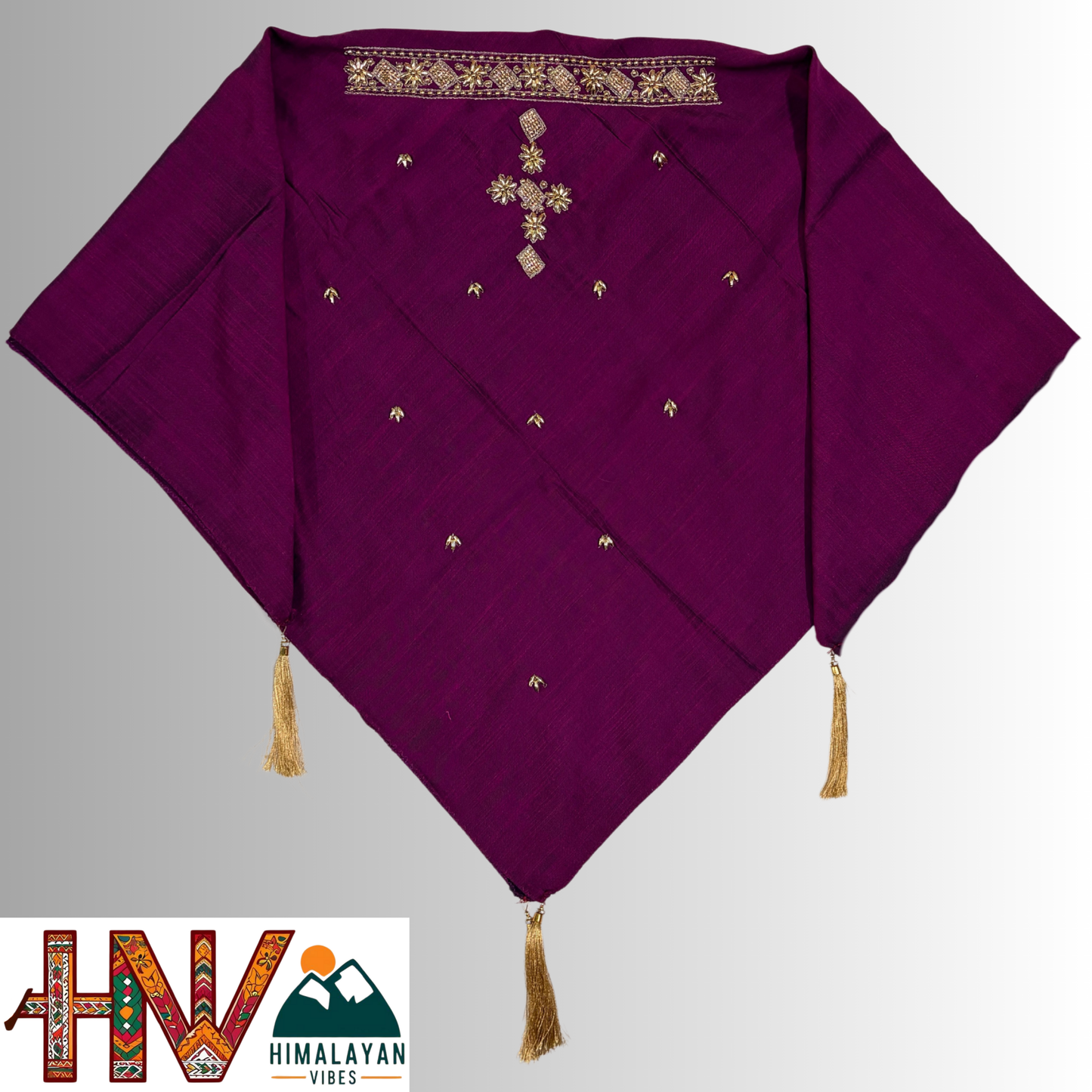 Handcrafted Himachali Wine Color Dhatu with Golden Embroidery – A Unique Embroidered Head Scarf