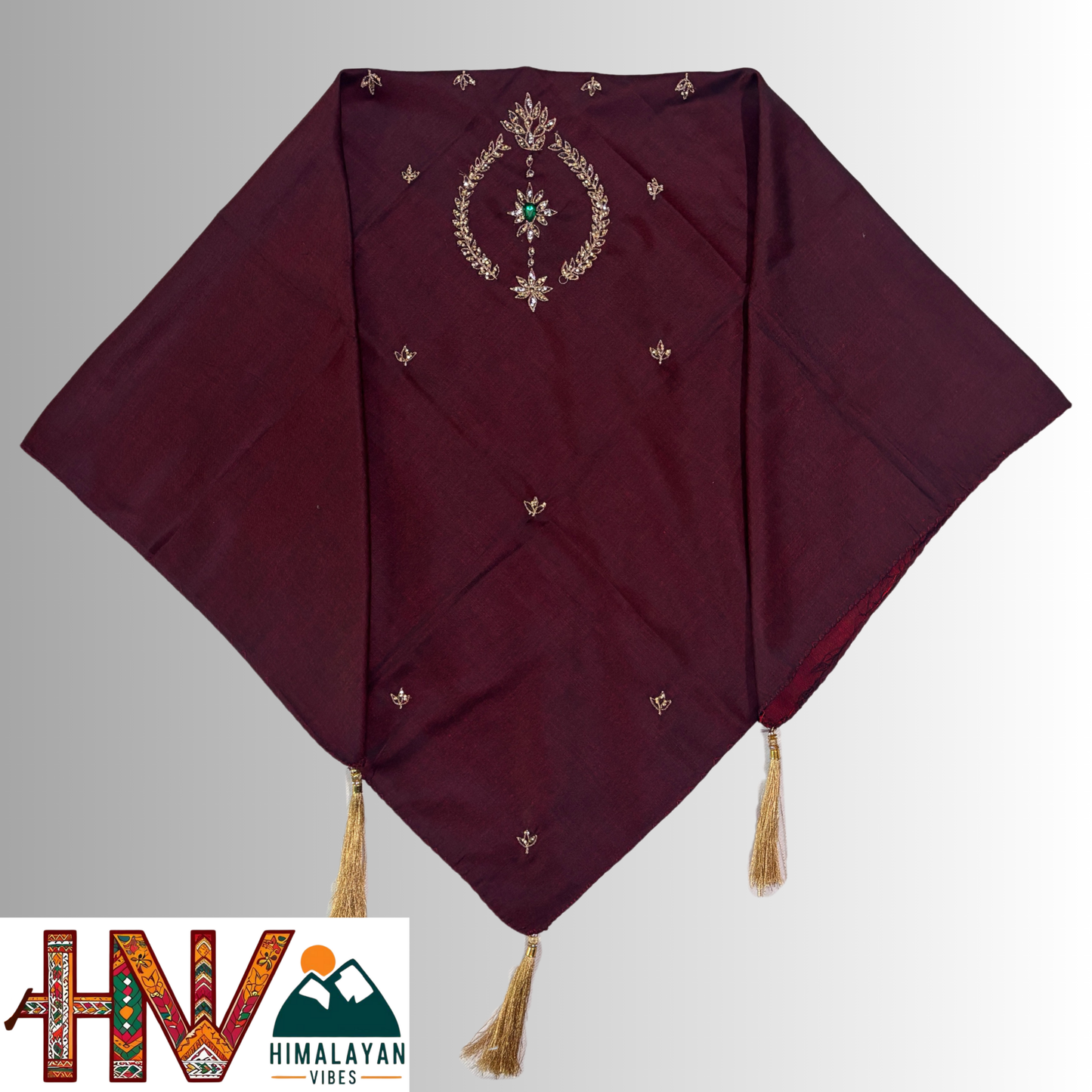 Handcrafted Himachali Wine Red Dhatu with Gold Embroidery – A Unique Embroidered Head Scarf