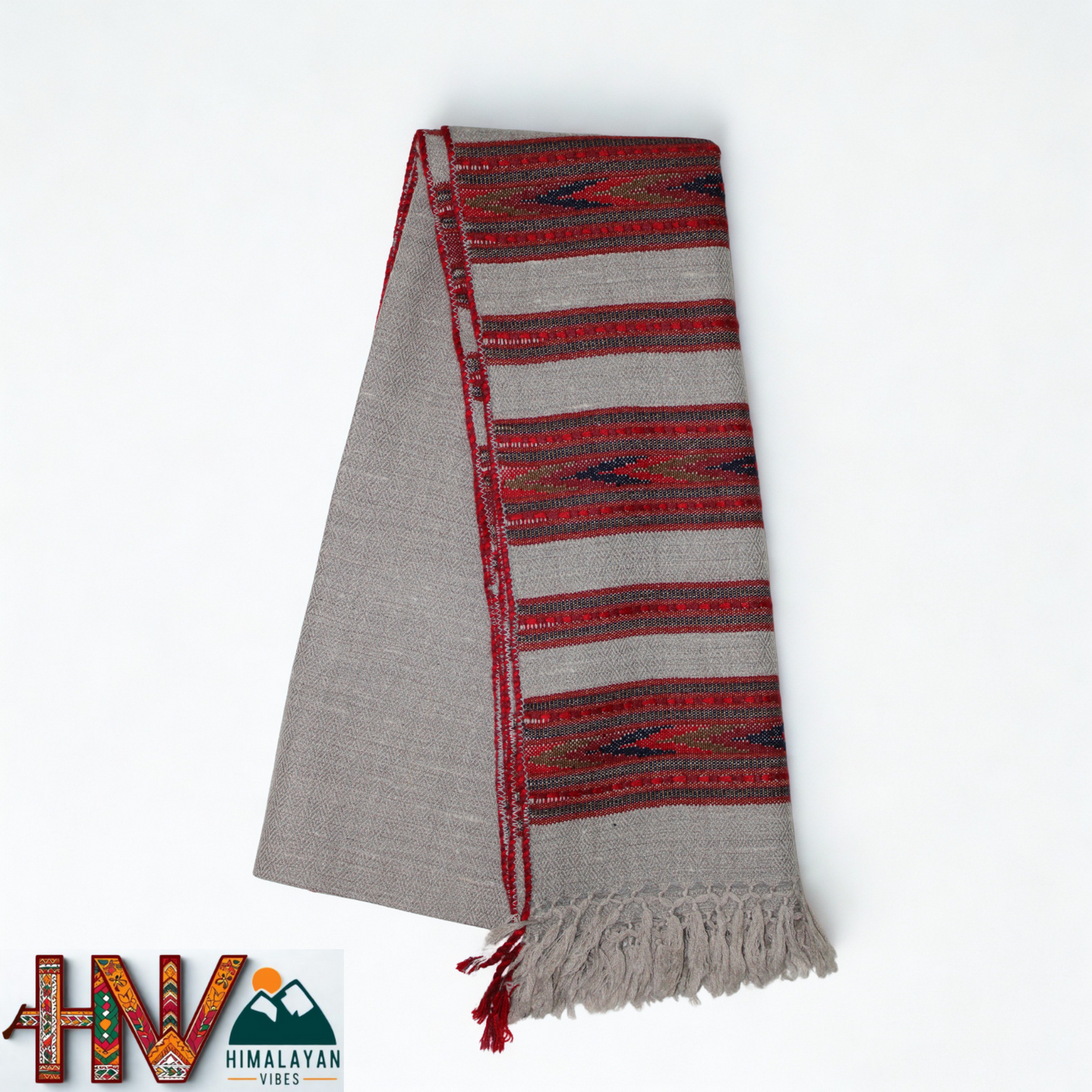 Handwoven Himalayan Grey Wool Stole – Red & Grey Striped with Geometric Motif Border
