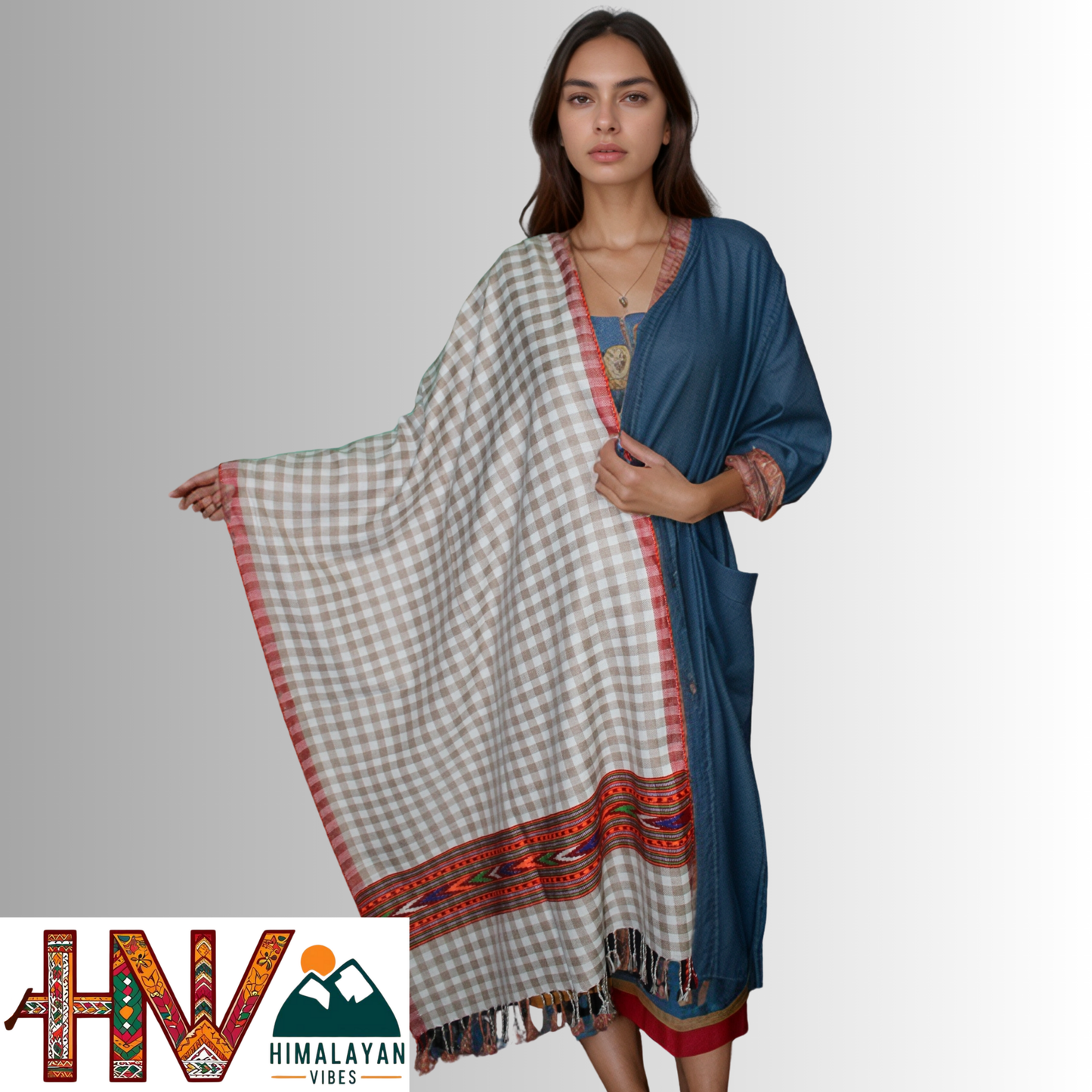 Handwoven White & Grey Checked Wool Stole – With Kullu Patti Border By Himalayan Vibes