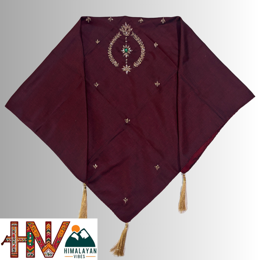 Handcrafted Himachali Wine Red Dhatu with Gold Embroidery – A Unique Embroidered Head Scarf