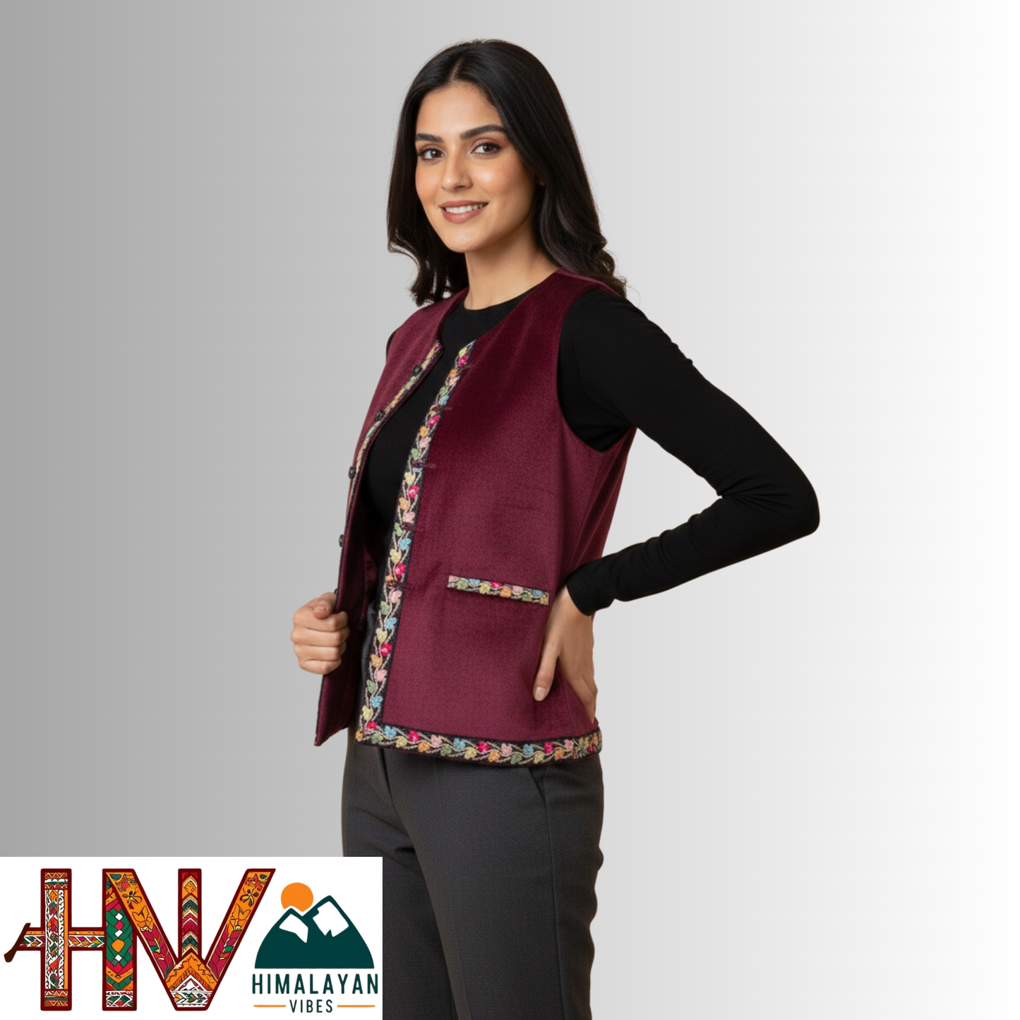 Himachali Maroon Sadri with embroidered Lace for Women - Martin Fabric Ethnic Half Jacket with Pockets
