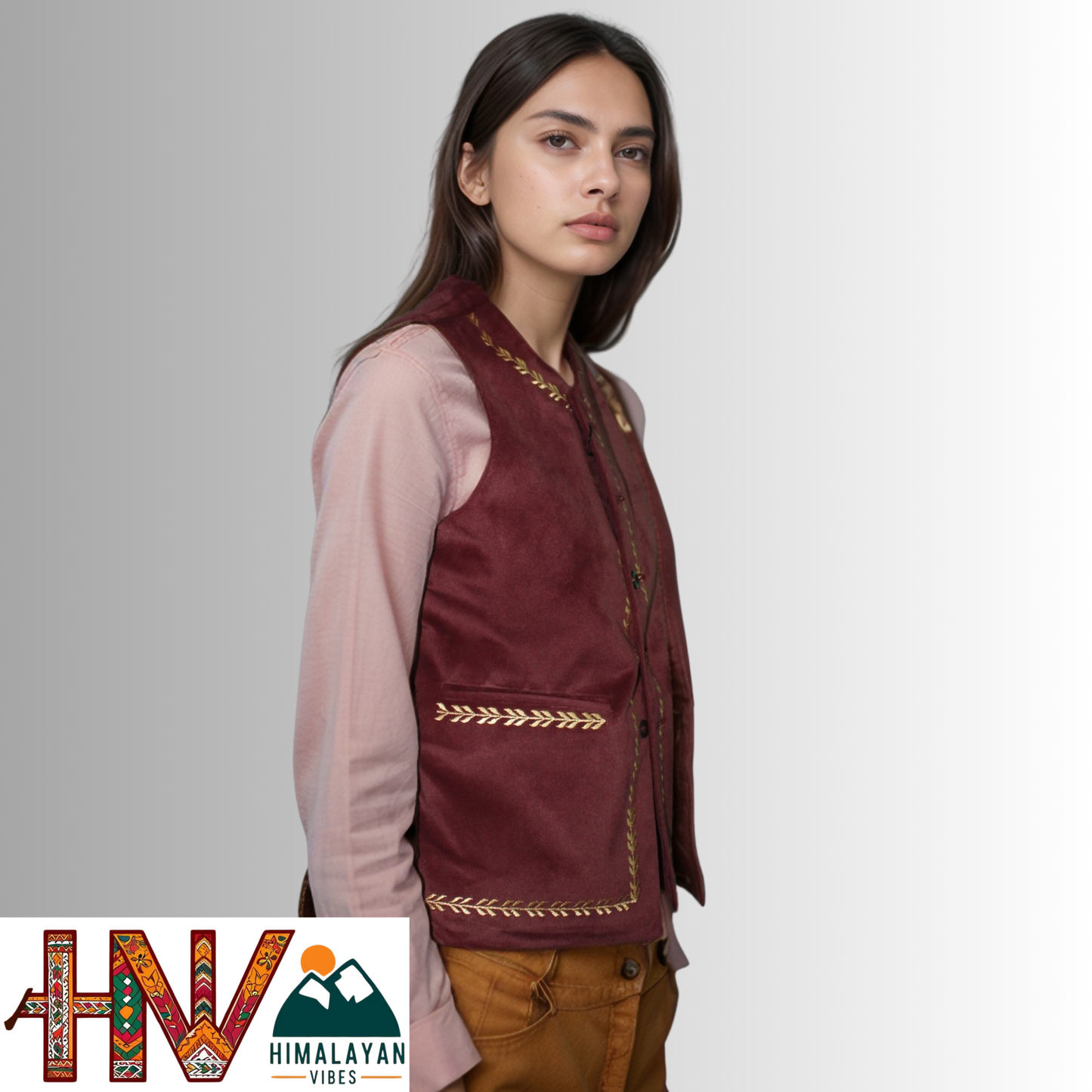 Handcrafted-Simple Embroidered Maroon Himachali Sadri (Jacket) for Women - Martin Fabric Ethnic Half Jacket with Pockets