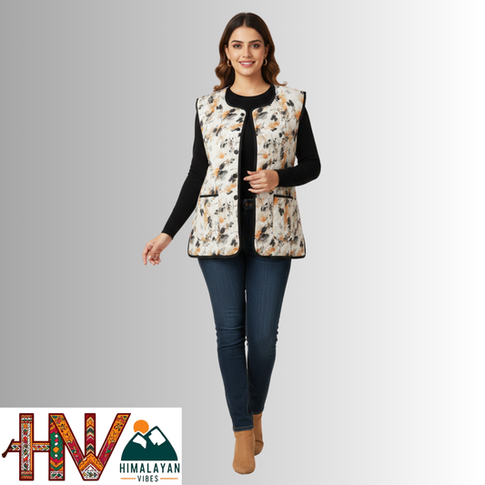 Reversible Mustard Yellow & Ivory Print Sadri for Women – Dual Look Ethnic Waistcoat | Floral & Solid Textured Design by Himalayan Vibes