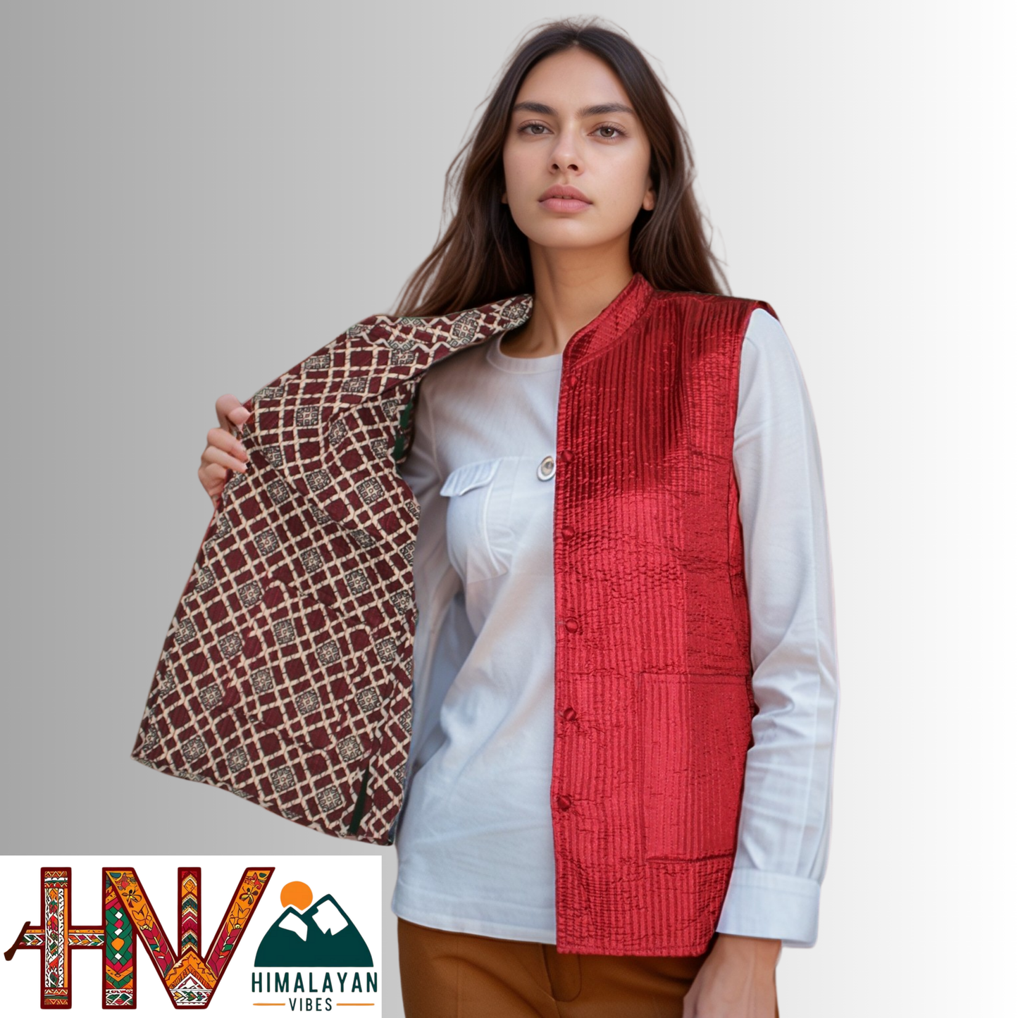 Reversible Red Silk Sadri for Women – Dual Look Ethnic Waistcoat | Floral & Solid Textured Design by Himalayan Vibes