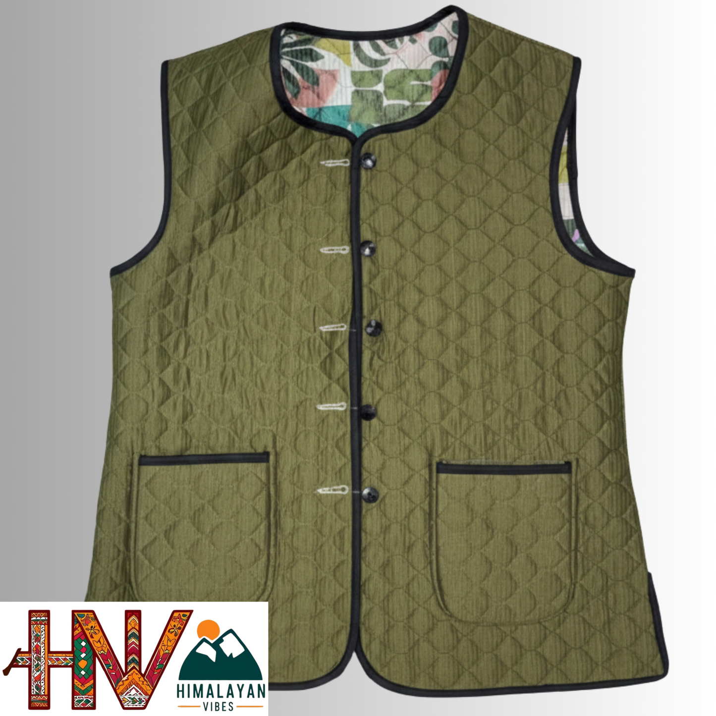 Reversible Olive Green & Botanical Multicolor Sadri for Women – Dual Look Ethnic Waistcoat | Floral & Solid Textured Design by Himalayan Vibes