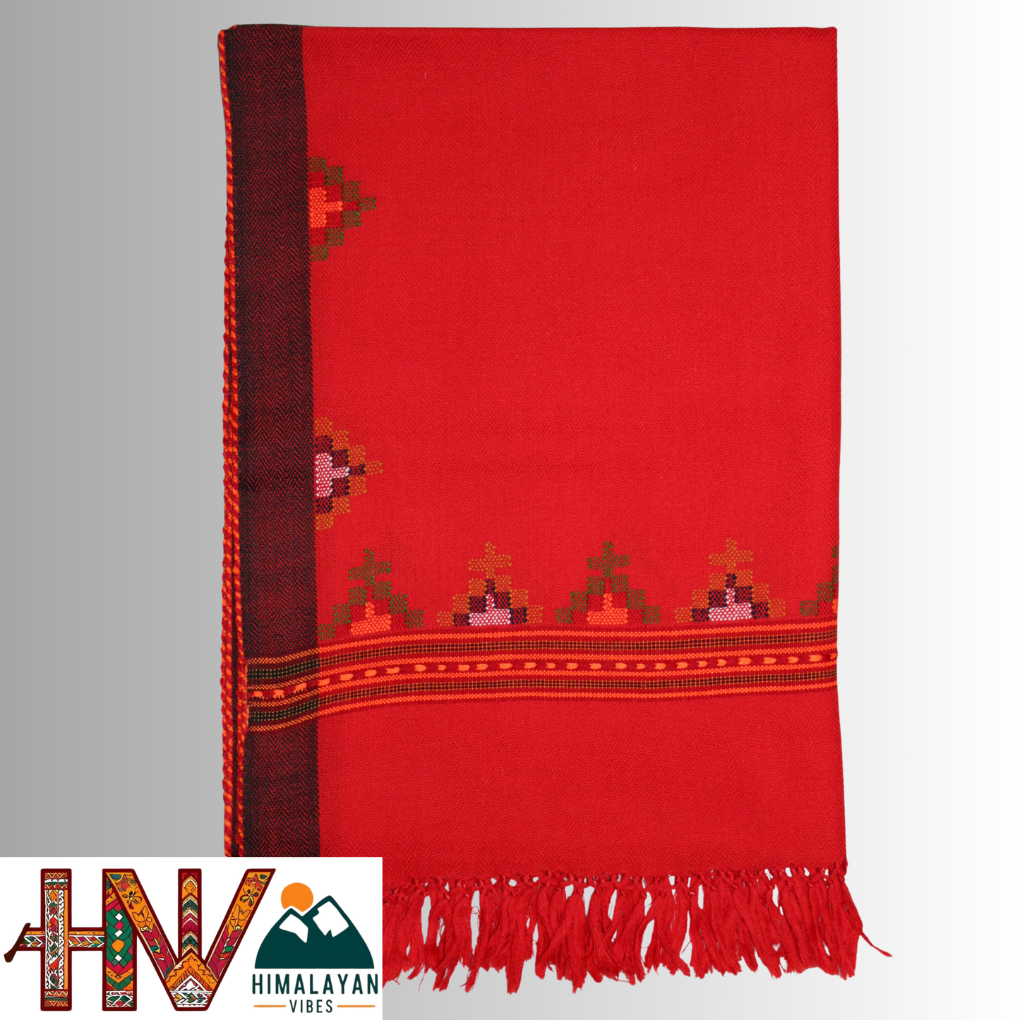 Handwoven Red Kullu Woolen Stole with Traditional Kullu Patti Geometric Motifs with black Border– Handwoven Elegance By Himalayan Vibes