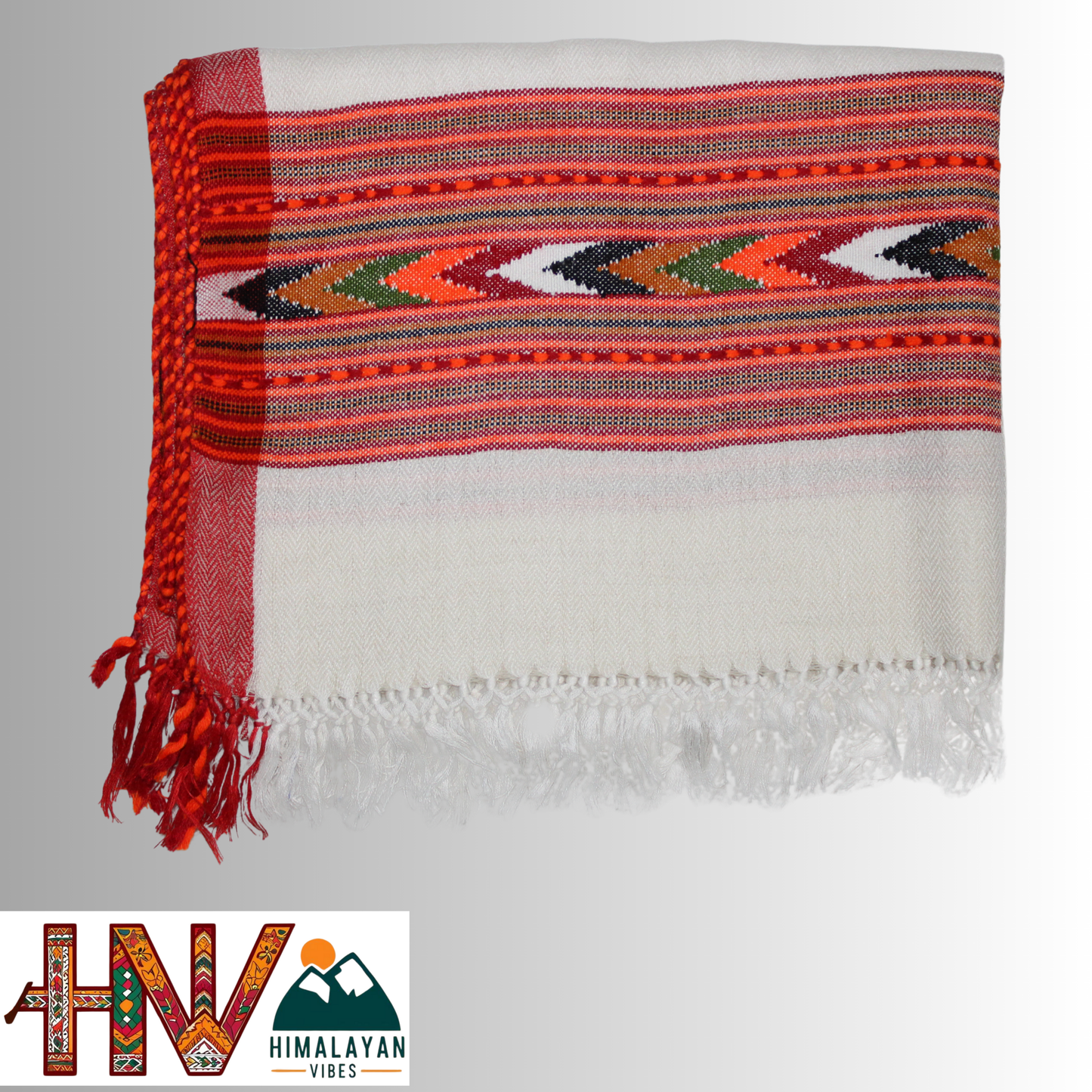 Handwoven Off-White Kullu Woolen Stole with Traditional Kullu Patti Design and Red Border– Handwoven Elegance By Himalayan Vibes