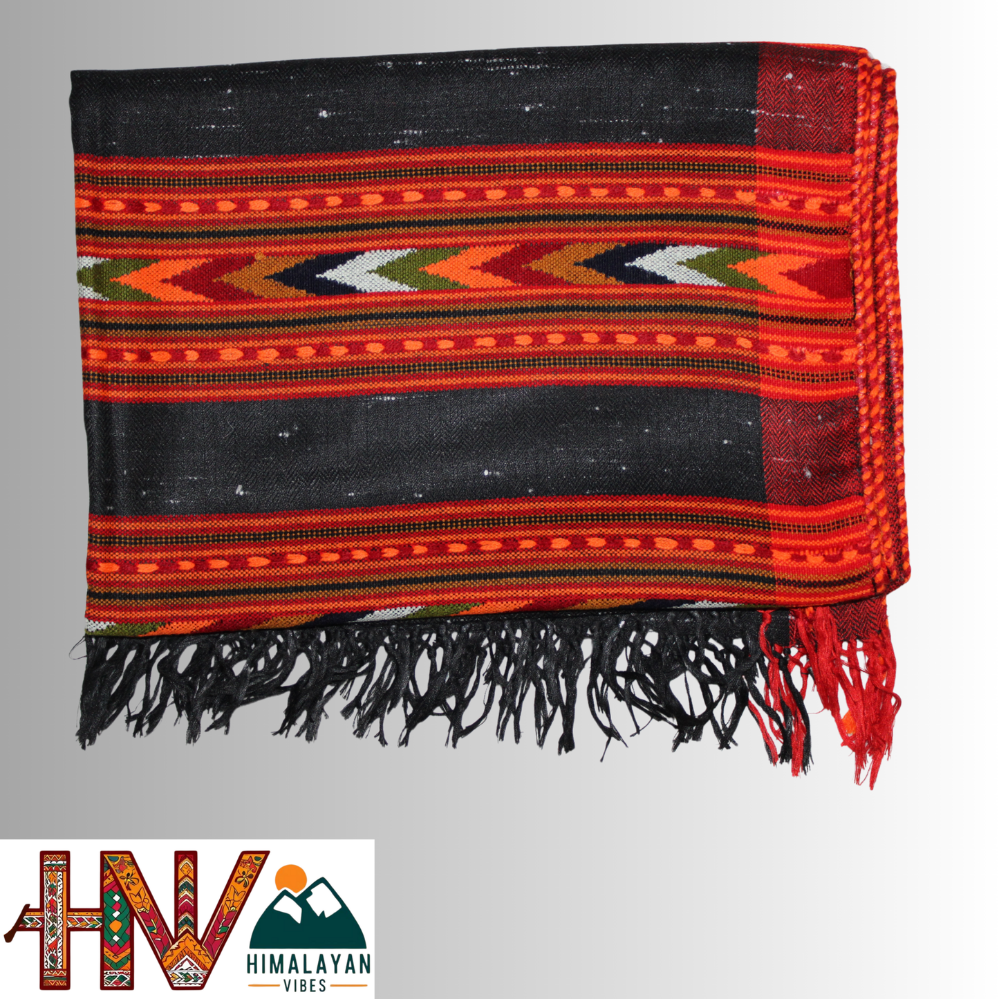 Handwoven black Kullu Woolen Stole with Traditional Kullu 3 Patti Design in Vibrant Red Border– Handwoven Elegance By Himalayan Vibes