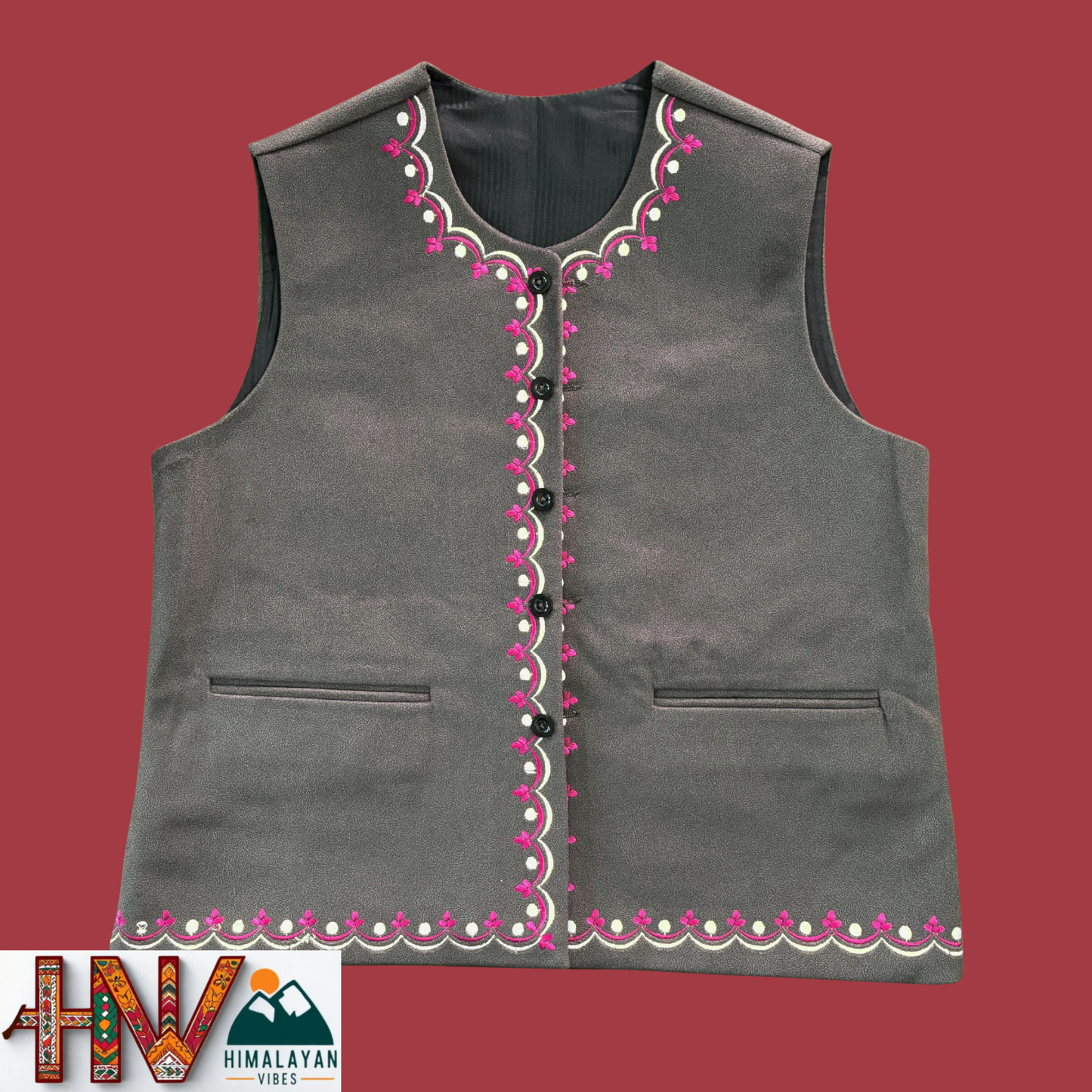 Hand-Embroidered Dark Grey Himachali Sadri (Jacket) for Women - Martin Fabric Ethnic Half Jacket with Pockets