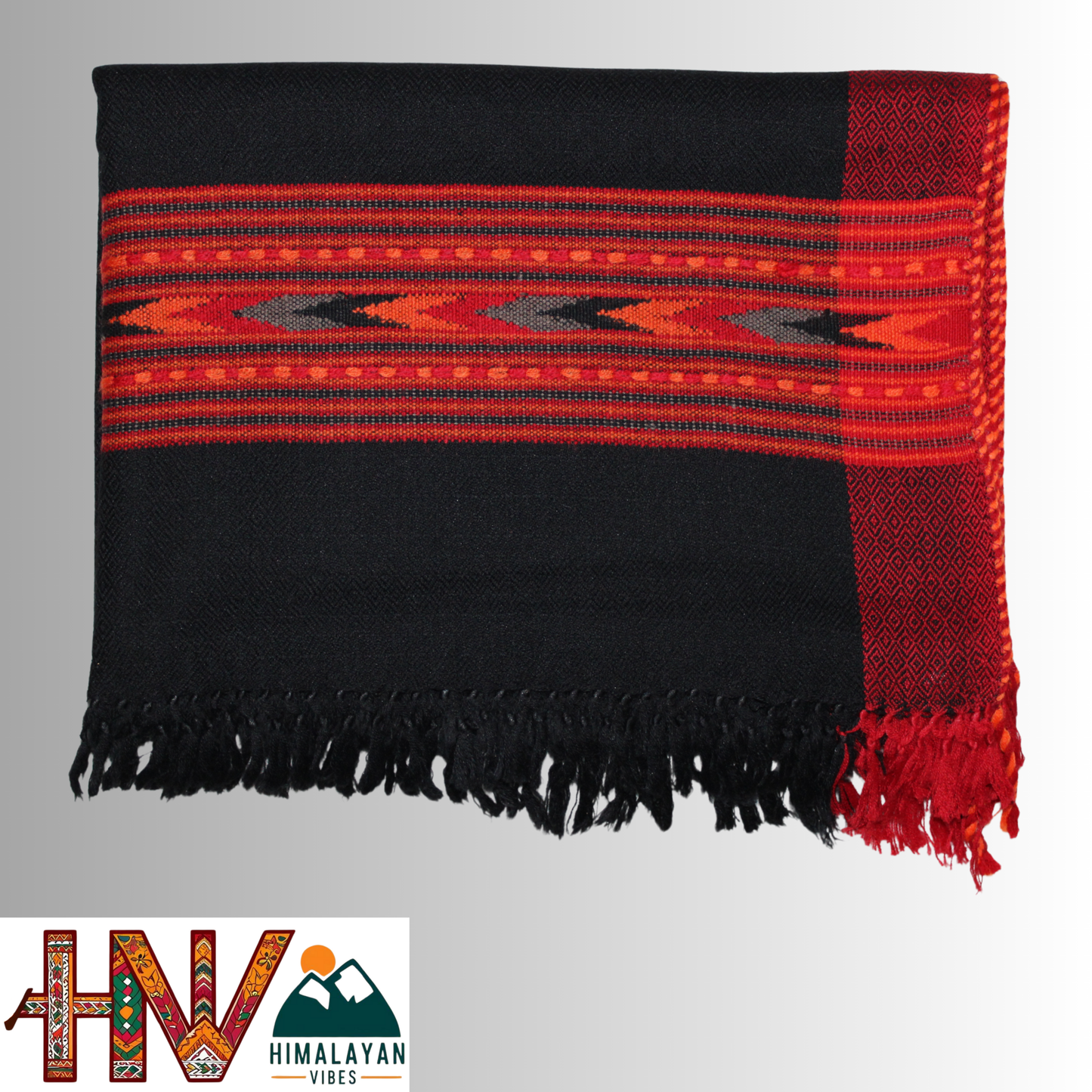 Handwoven Black Kullu Woolen Stole with Traditional Kullu Patti Design in Vibrant Red Border– Handwoven Elegance By Himalayan Vibes